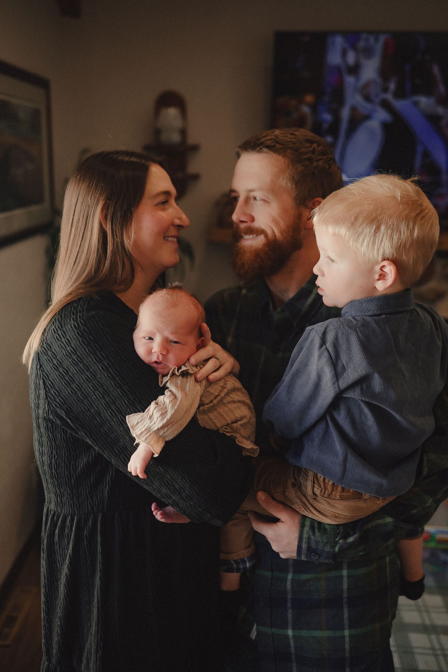 A sequence of candid family photos showing playful interactions and laughter in warm indoor lighting.