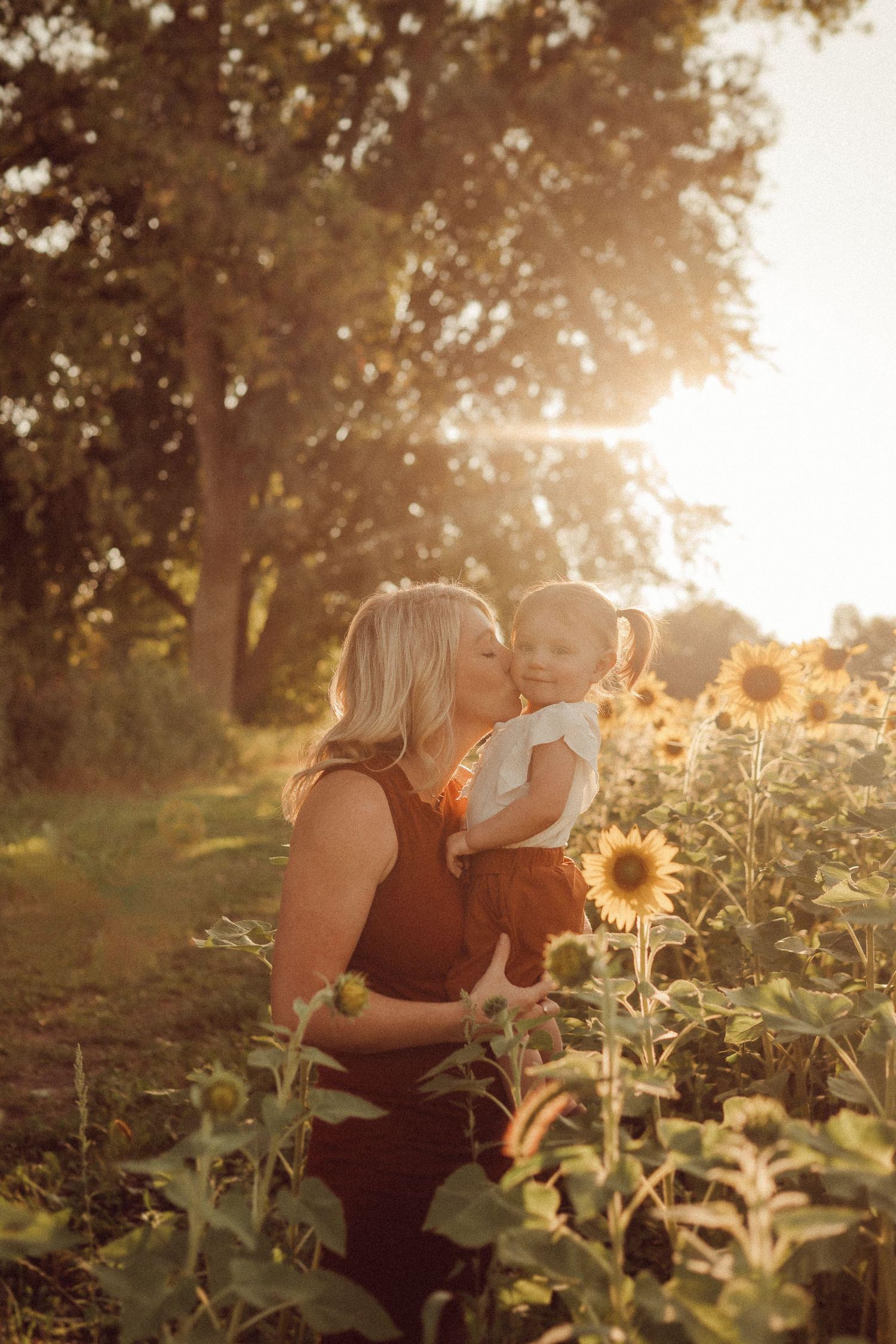 A tender moment between parent and child captured in a sunflower field at golden hour.