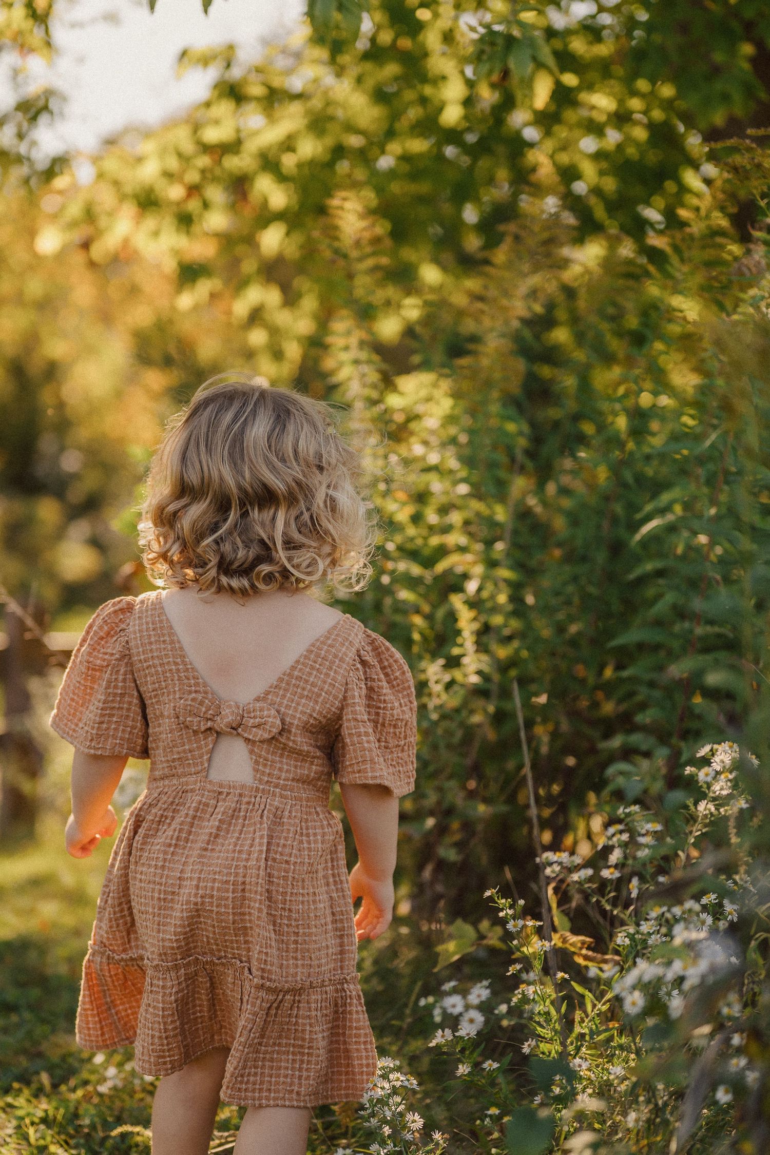 Back view of a person wearing a brown gingham dress in a garden setting.