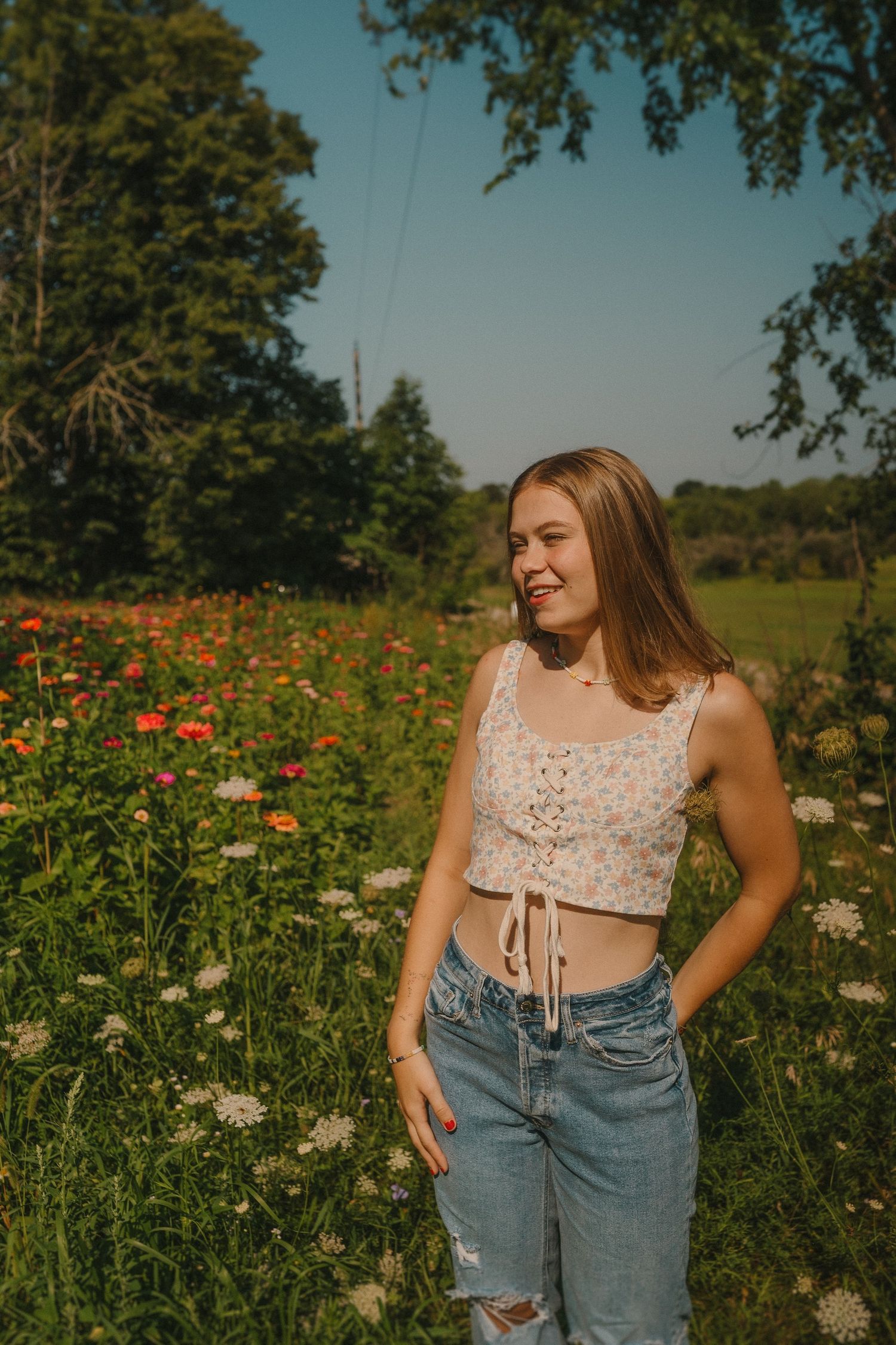 A sunny outdoor scene in a meadow filled with colorful wildflowers and natural greenery.
