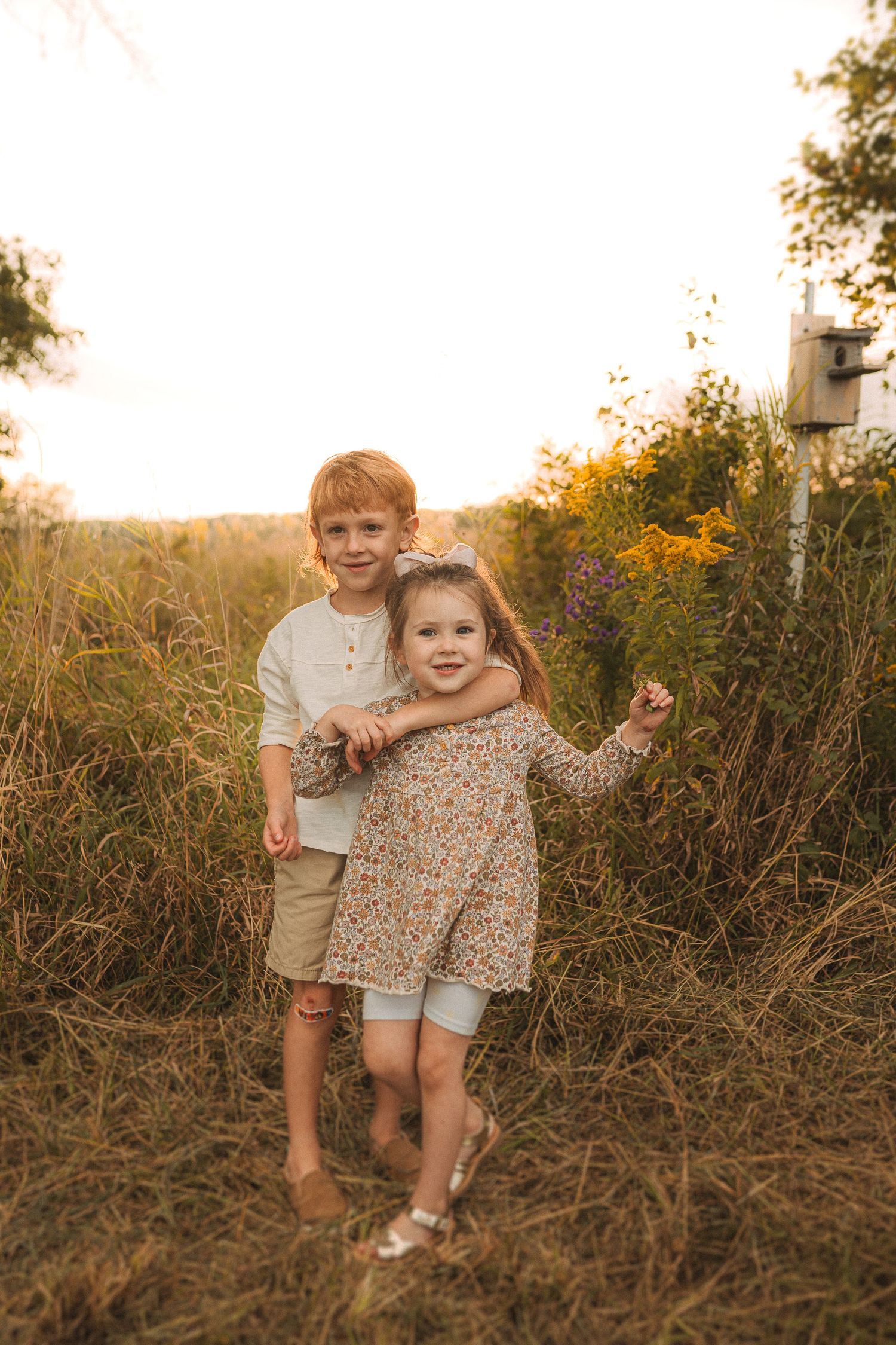 Two children embracing in a golden field at sunset.