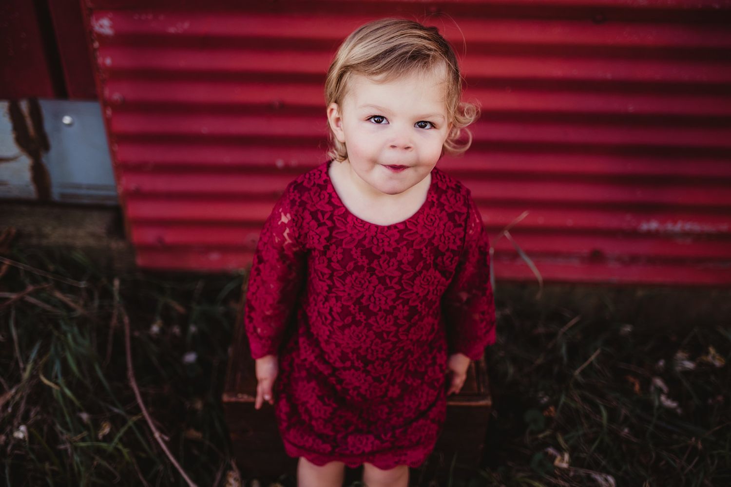 Close up portrait of small child wearing burgundy lace dress against red background.