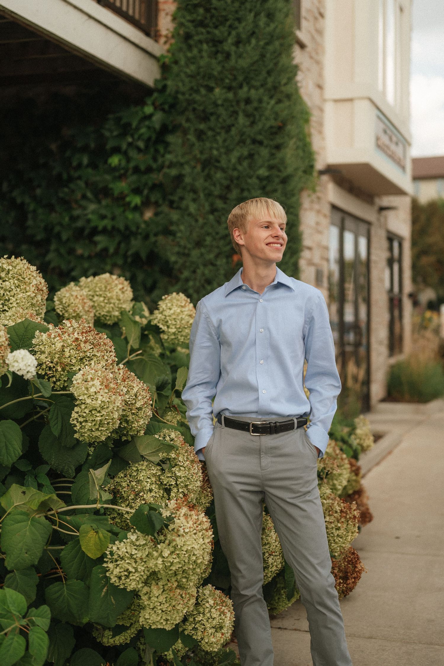 Person in business casual attire stands on sidewalk near blooming hydrangea bushes in an urban setting.