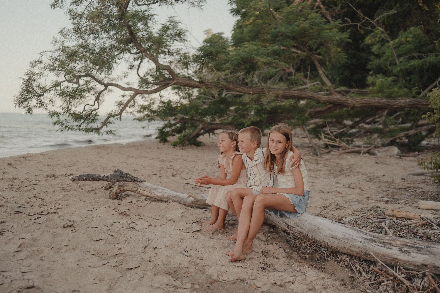 Three children sit together on driftwood on a sandy beach surrounded by trees.