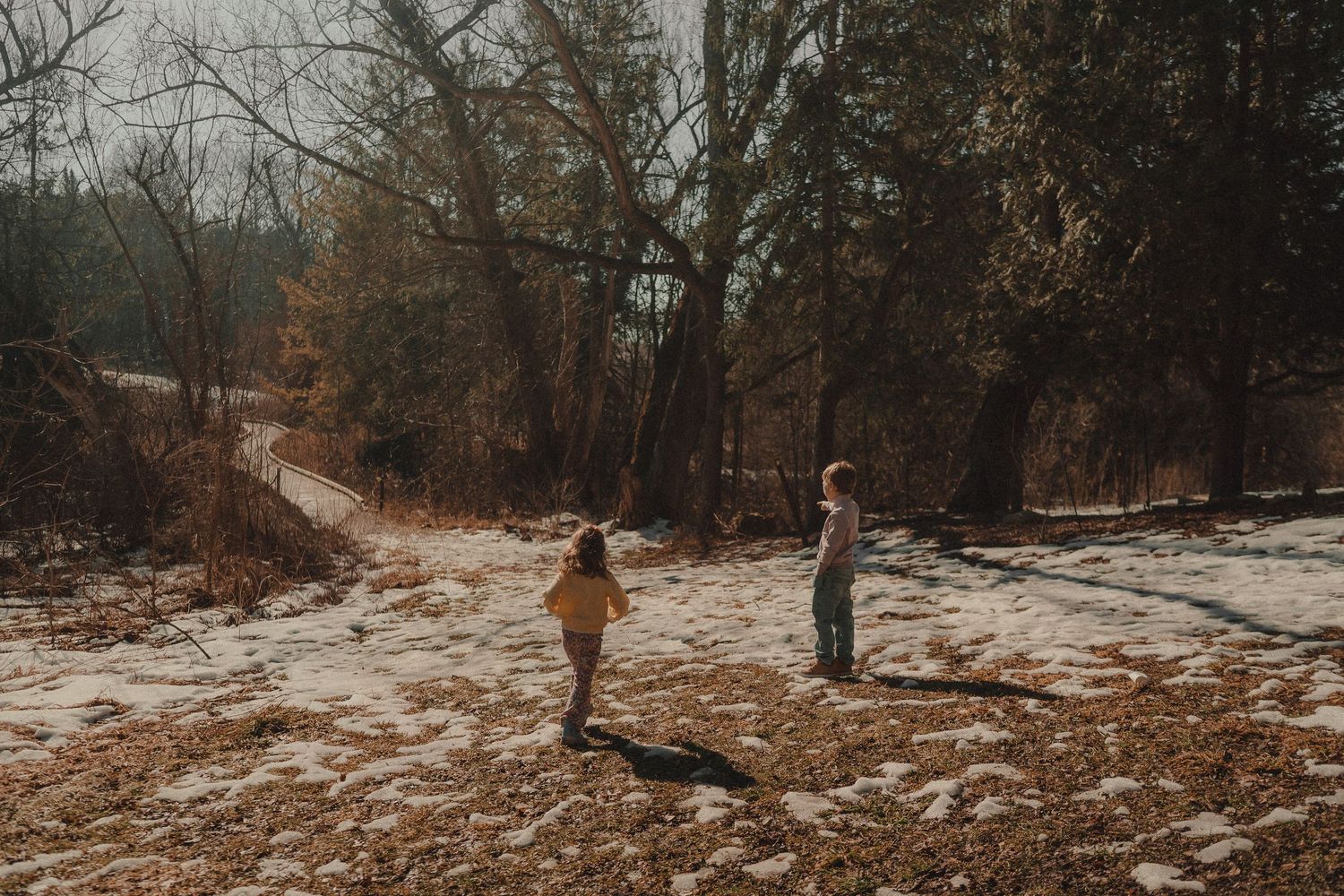 A snowy winter landscape with bare trees and footprints leading through a forest path.
