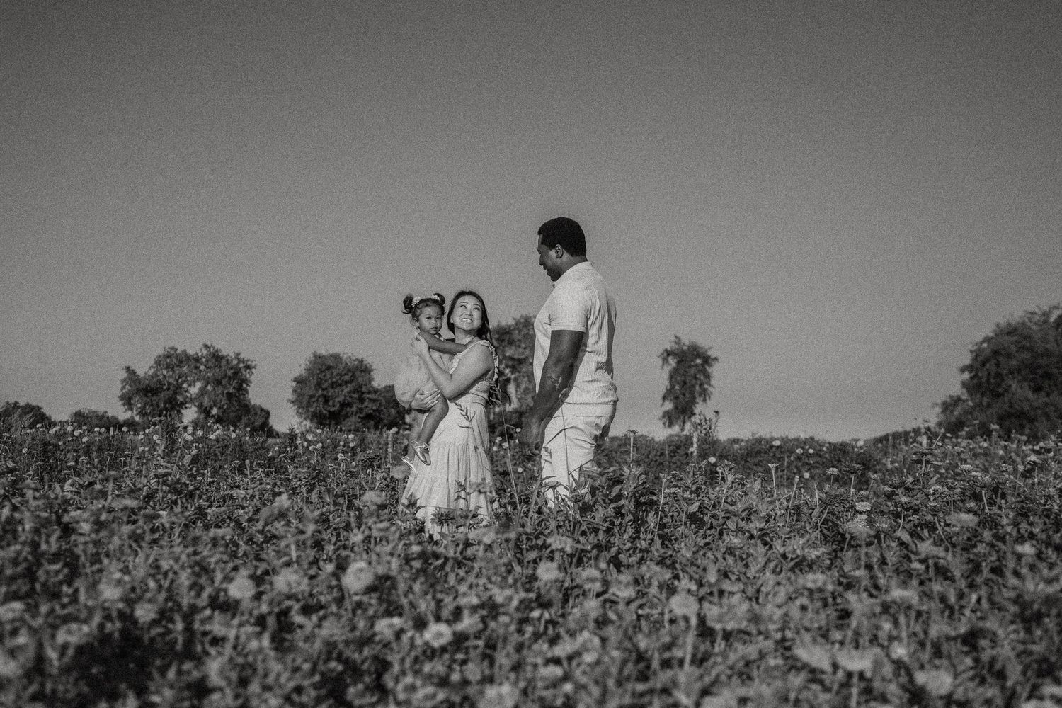Black and white photograph of a couple standing in a scenic flower field.
