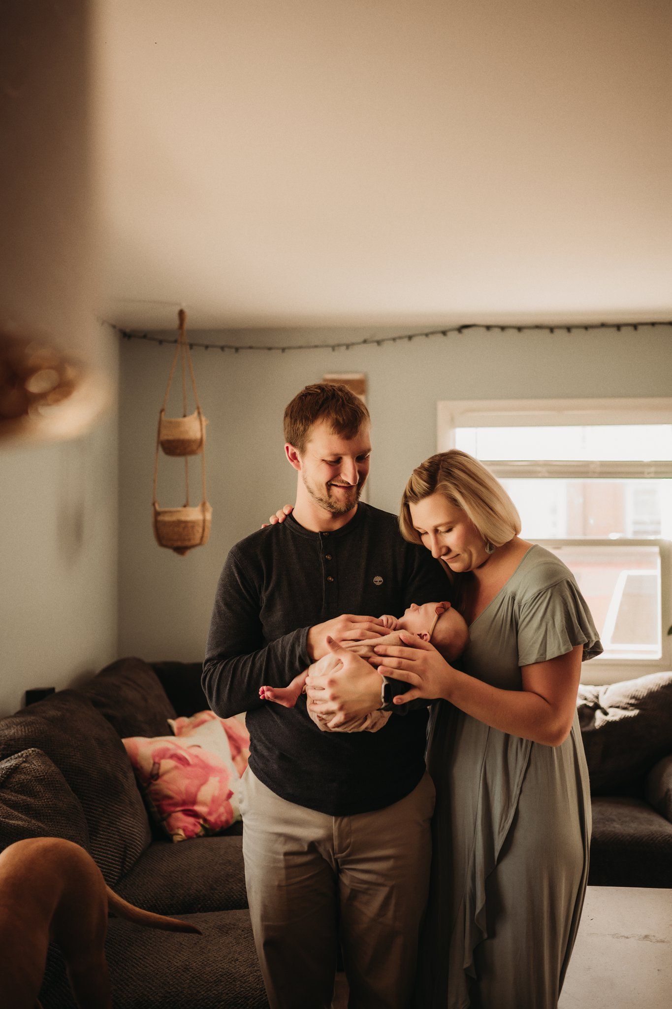 A cozy living room scene with hanging plants as adults share a special moment with their newborn.