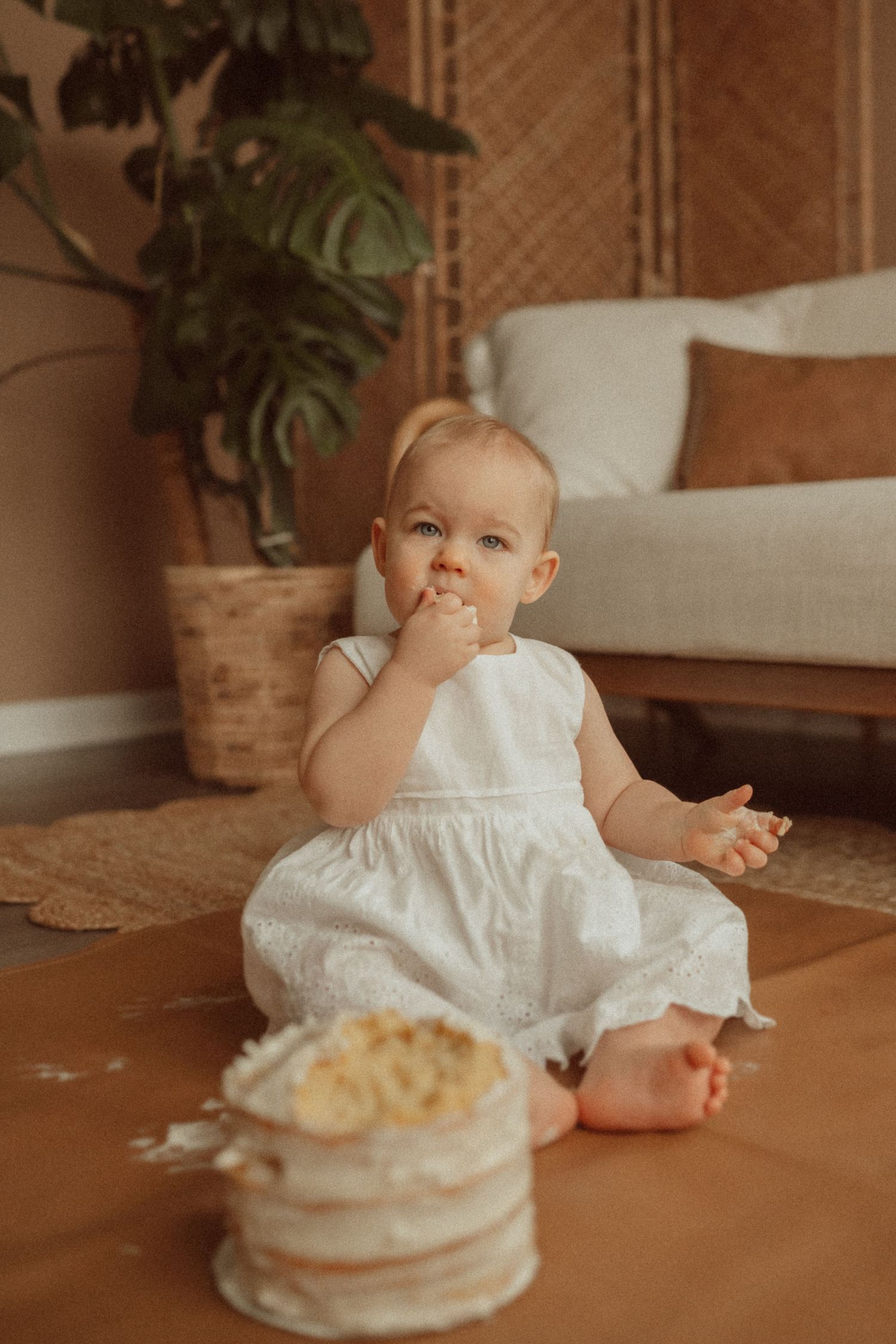 Warm-toned photo of a cake smash session with a rustic cake and potted plant in the background.