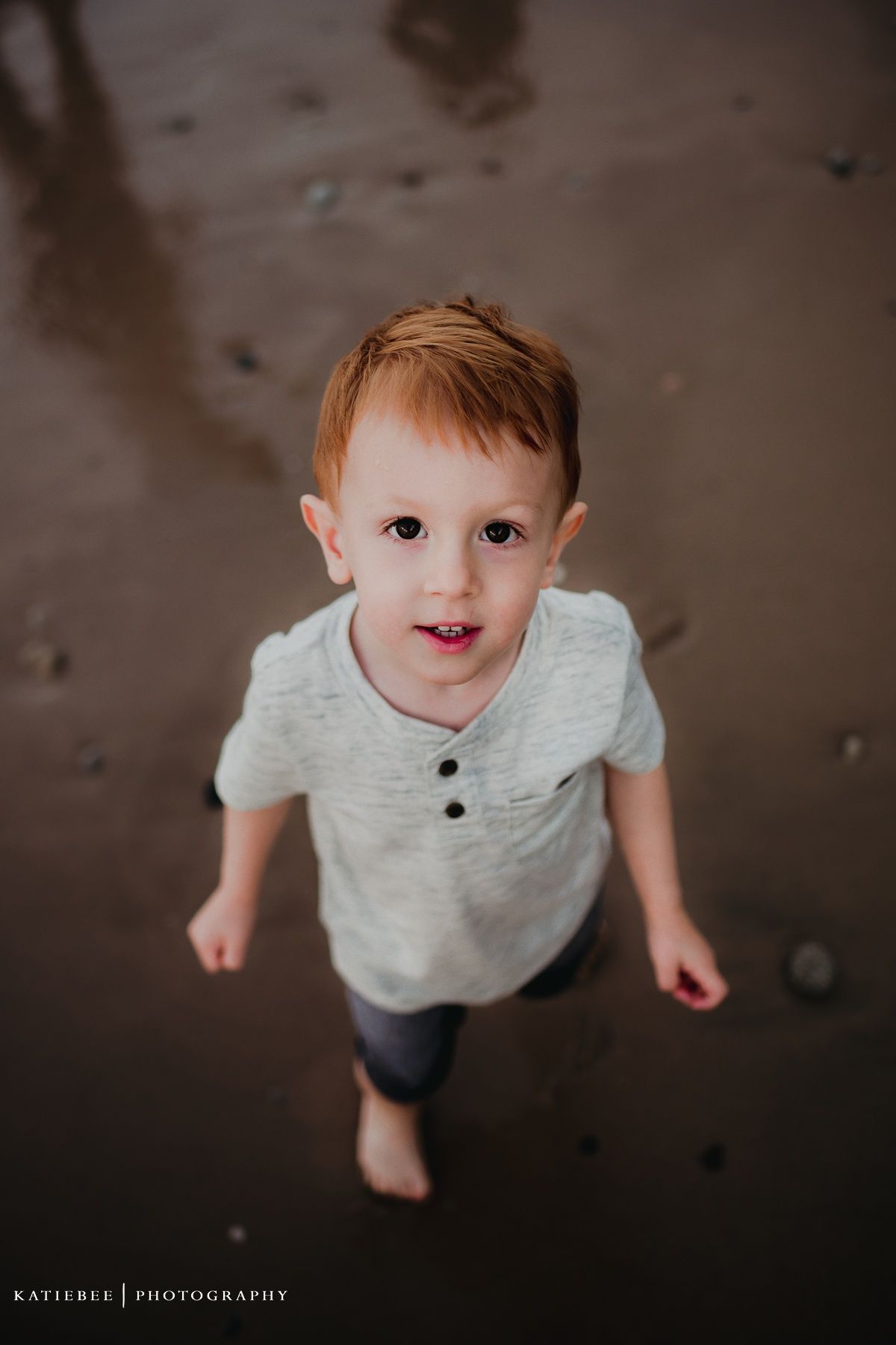 A toddler looks up at the camera while standing on wet sand at the beach.