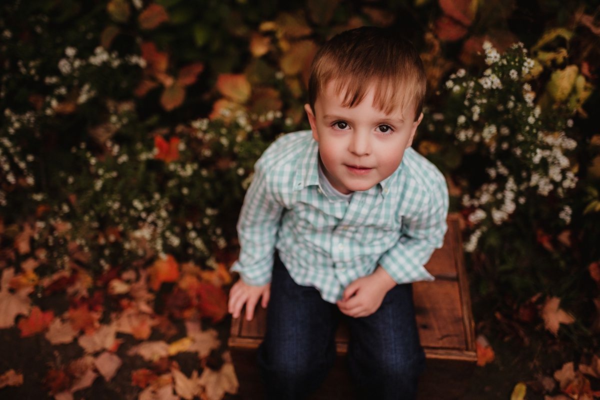 Young child in checkered shirt sits on wooden crate surrounded by fall foliage.