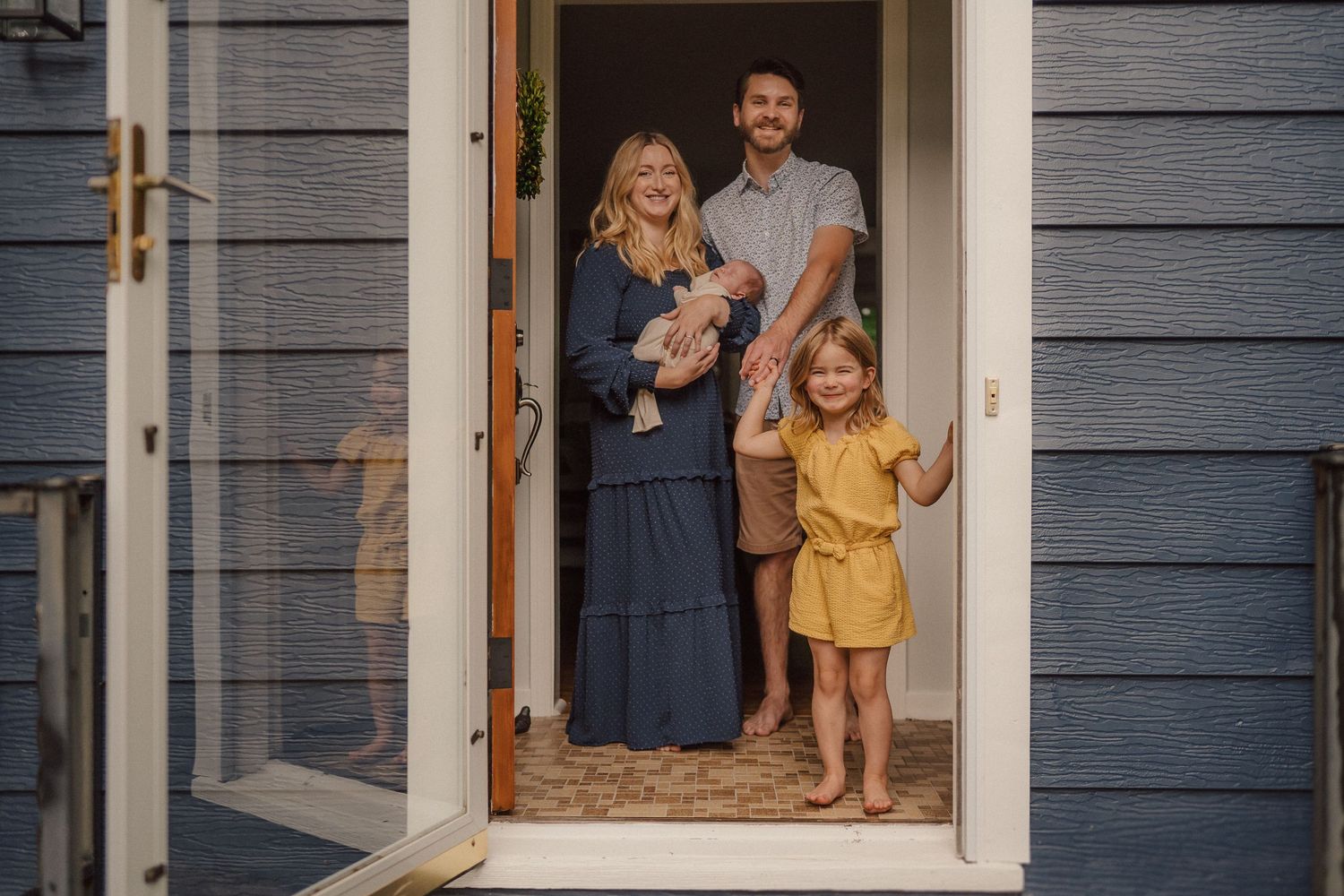 A series of lifestyle photos showing intimate family interactions at a doorway entrance.