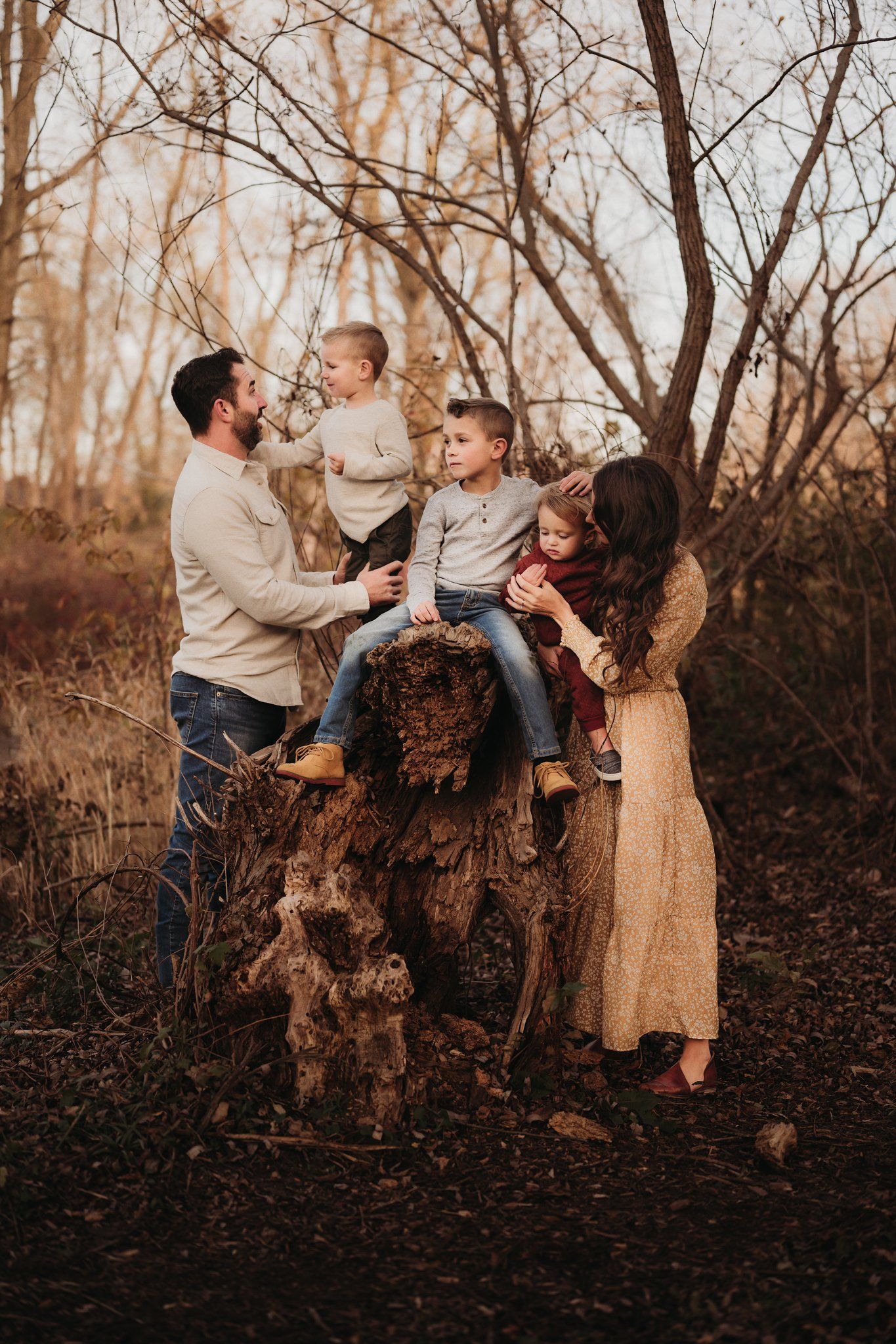 A joyful outdoor family photography session shows intimate moments together on a tree stump in an autumn forest setting.