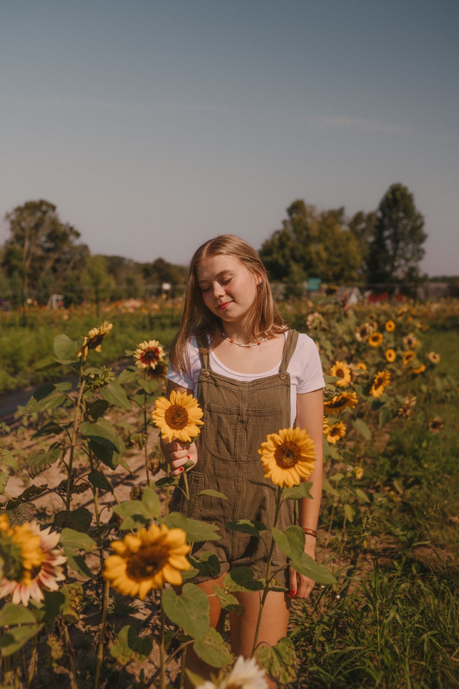 A person in overalls standing among bright yellow sunflowers in a rustic garden setting.