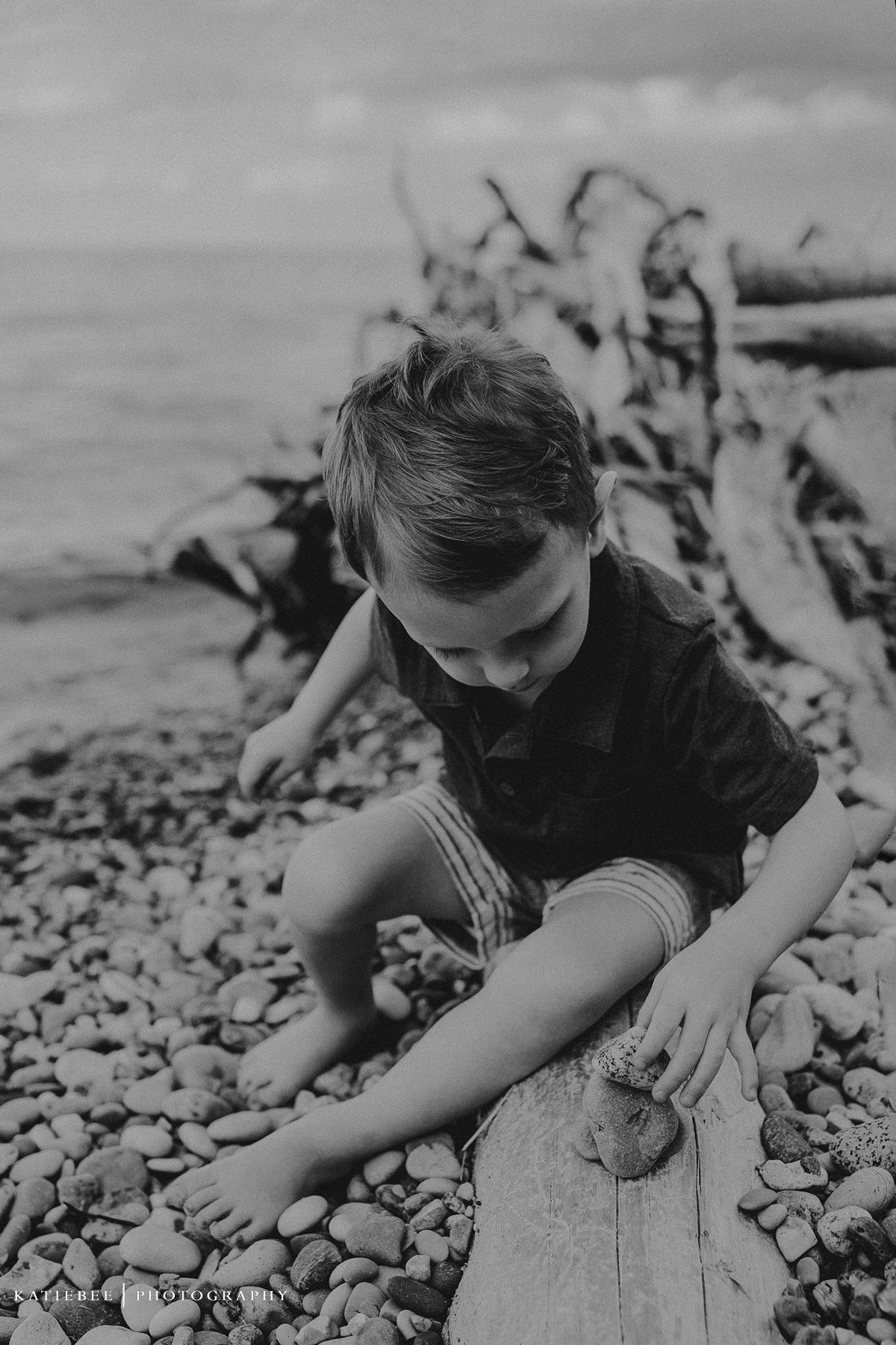 A quiet moment captured of exploring rocks and driftwood by the water's edge.