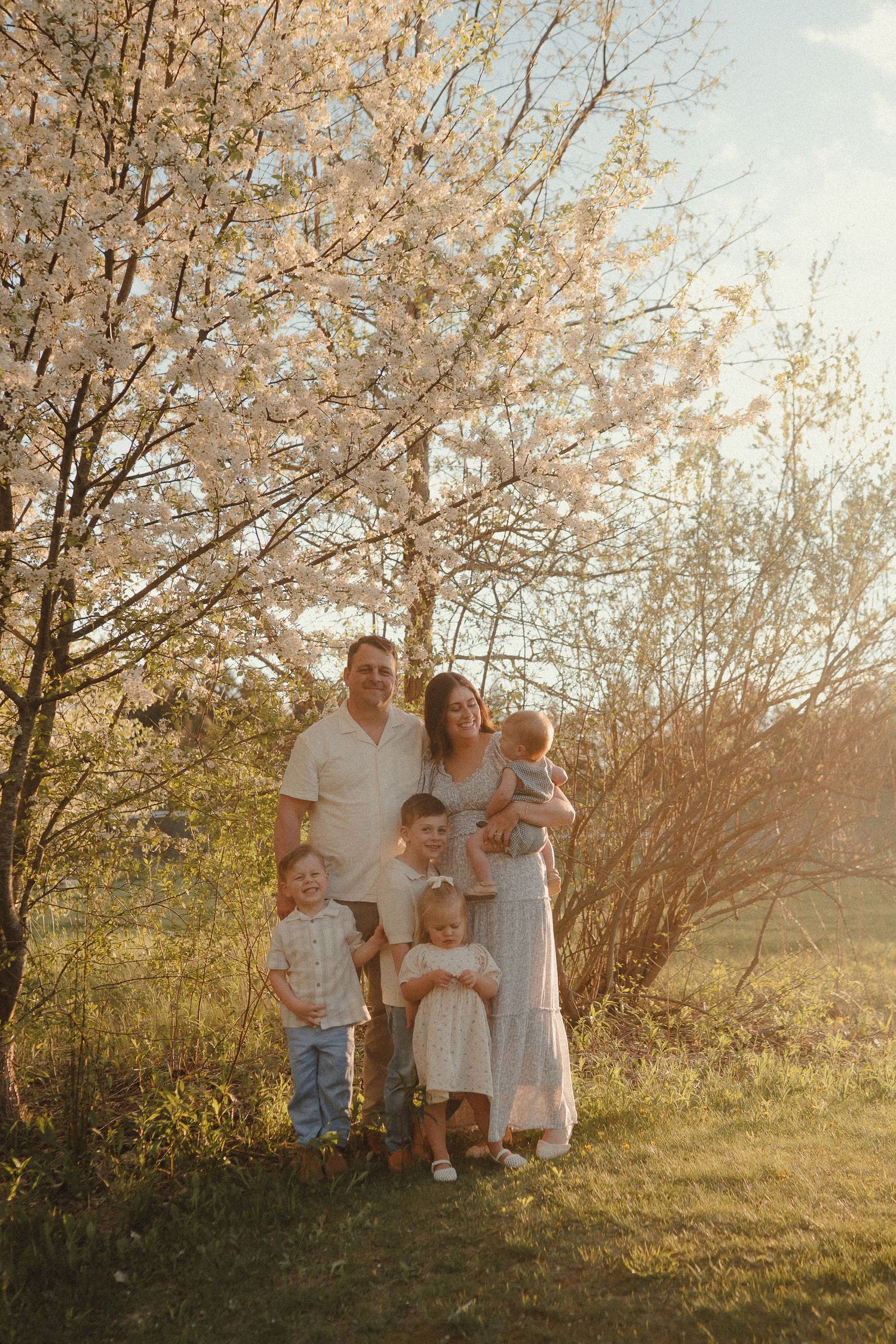 Family of six posing under a blooming white cherry tree in warm golden sunset light.