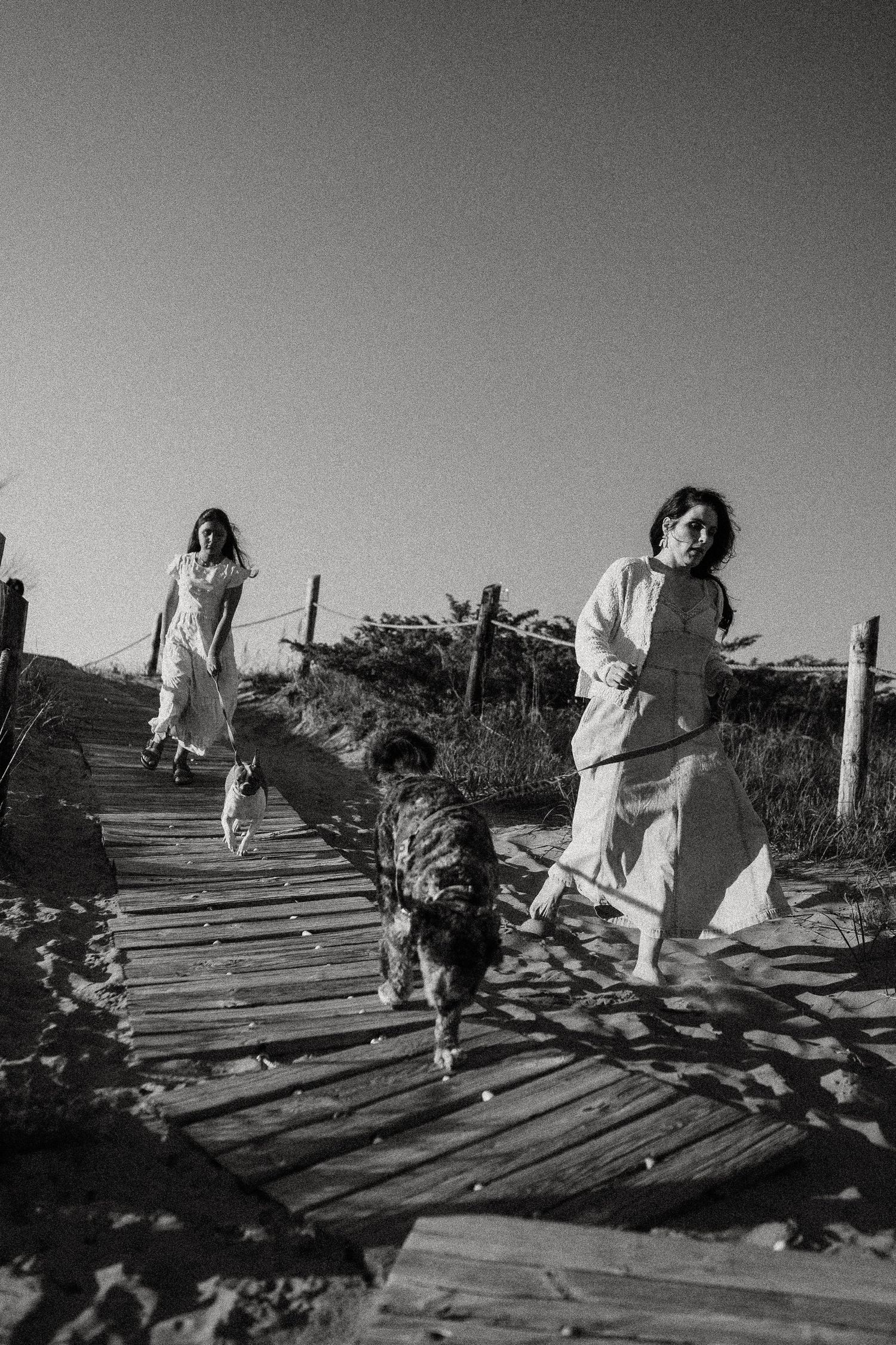 Black and white photo of two women walking dogs on a wooden boardwalk at sunset.