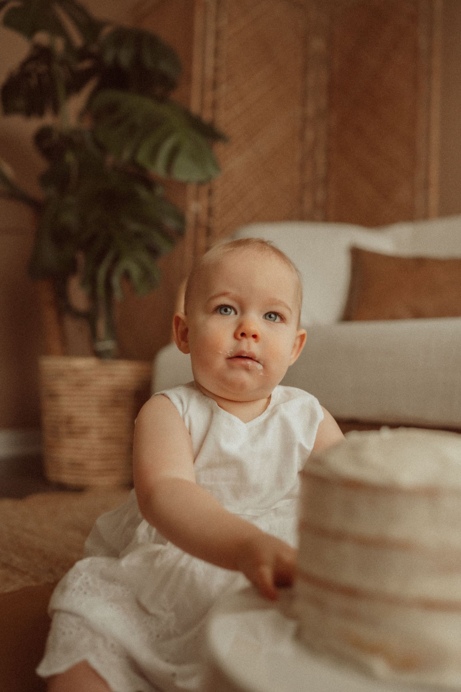 Warm-toned indoor photo session with a neutral cake and monstera plant in the background.
