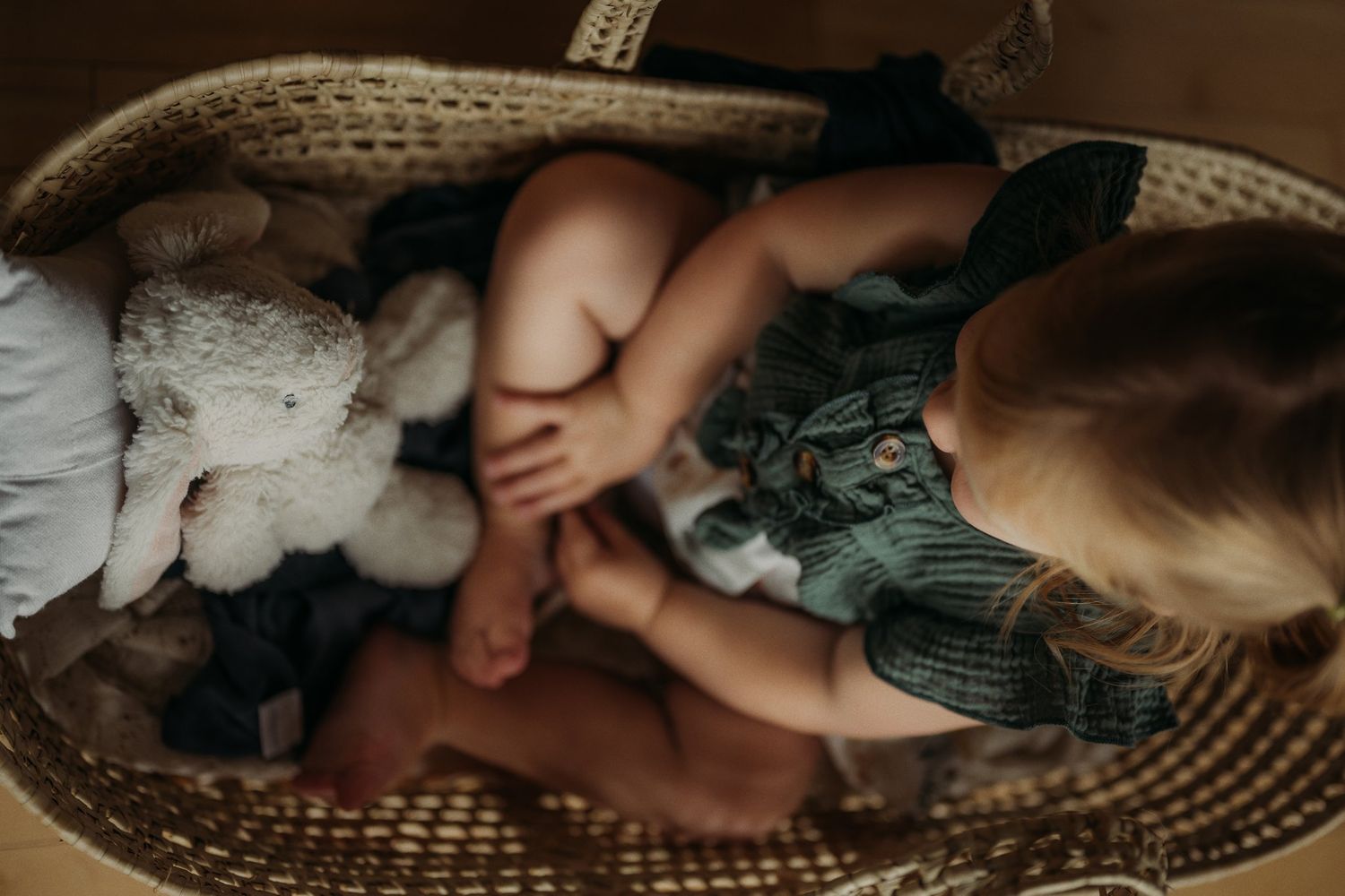 Baby resting in woven basket with stuffed animal and green dress.