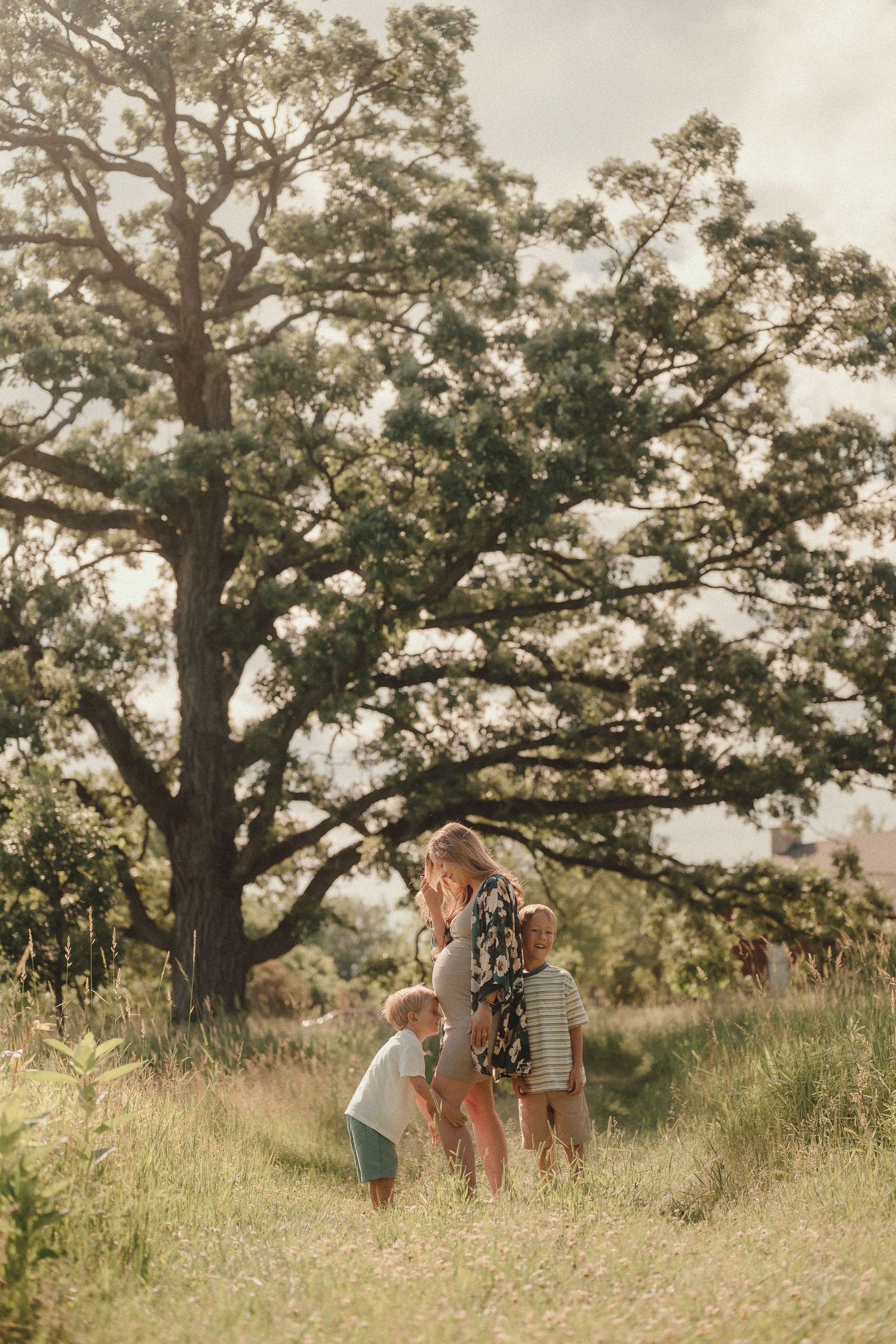 A mother and two children playing in a grassy field beneath a large oak tree in warm natural light.