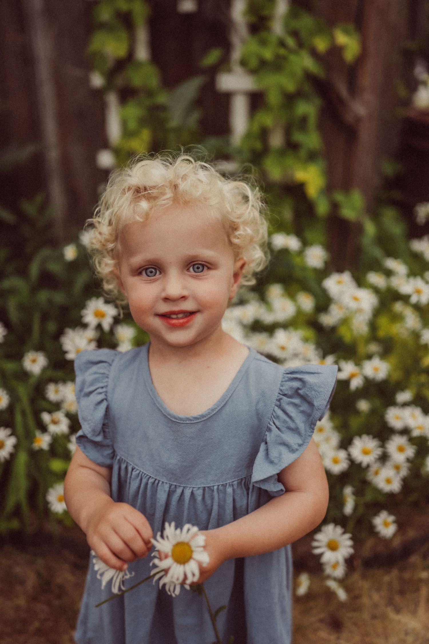 Child in blue ruffled dress holding daisy flower in front of blooming garden.