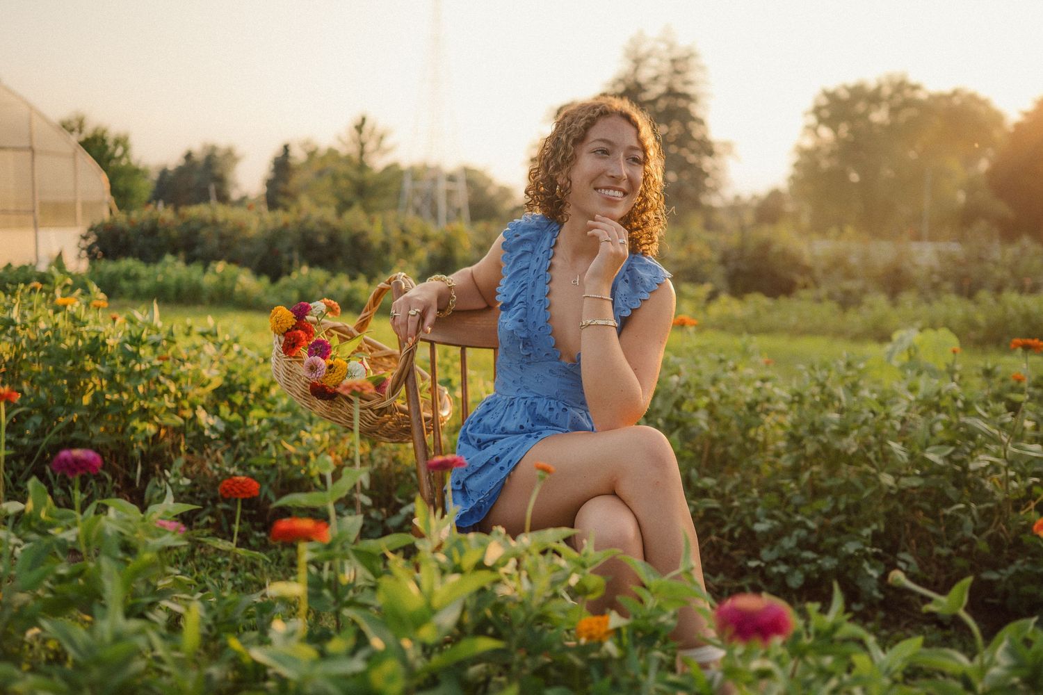 A person wearing a blue dress sits in a sunlit garden filled with vibrant flowers during golden hour.
