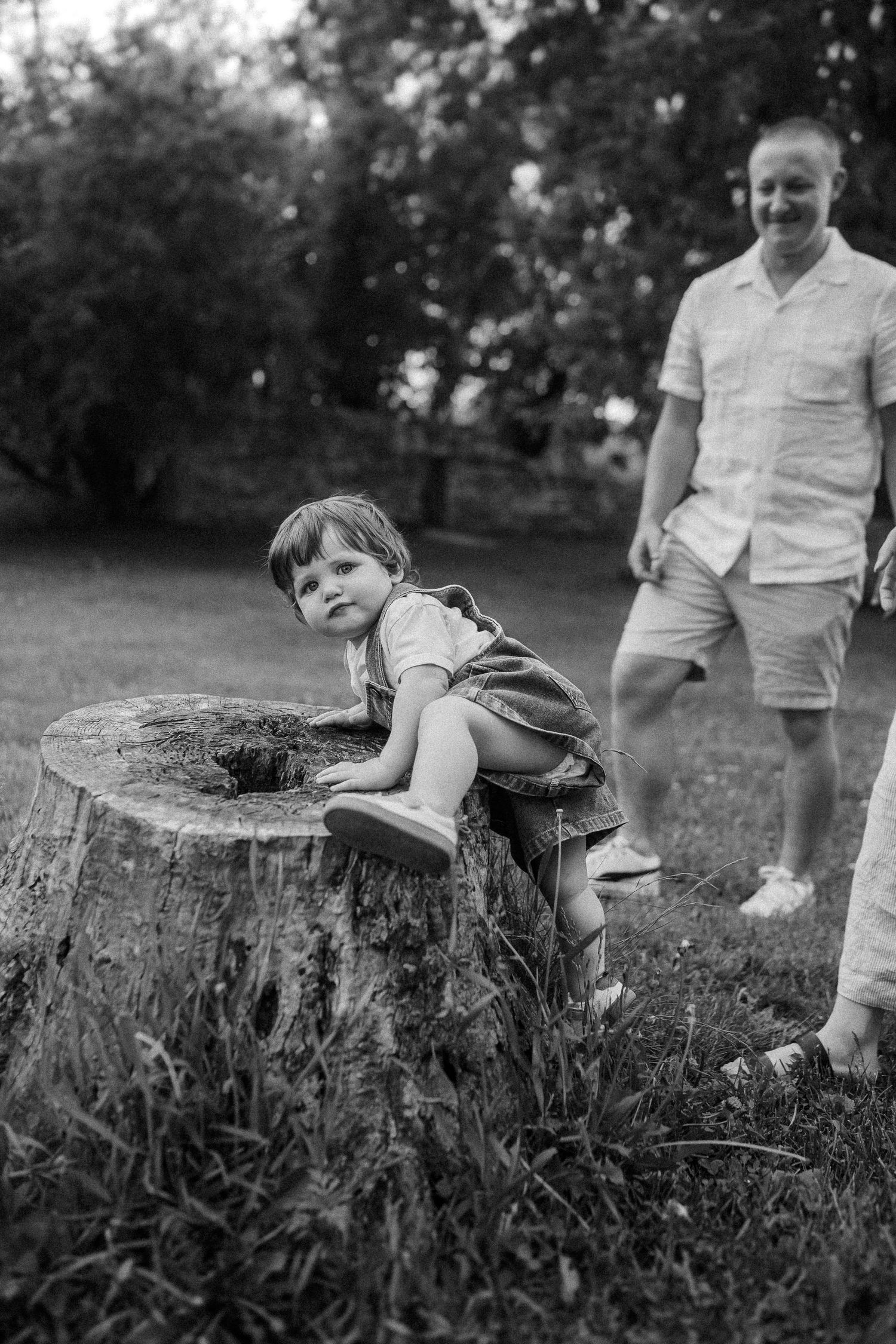 A series of black and white photos showing someone sitting on a tree stump in an outdoor setting.