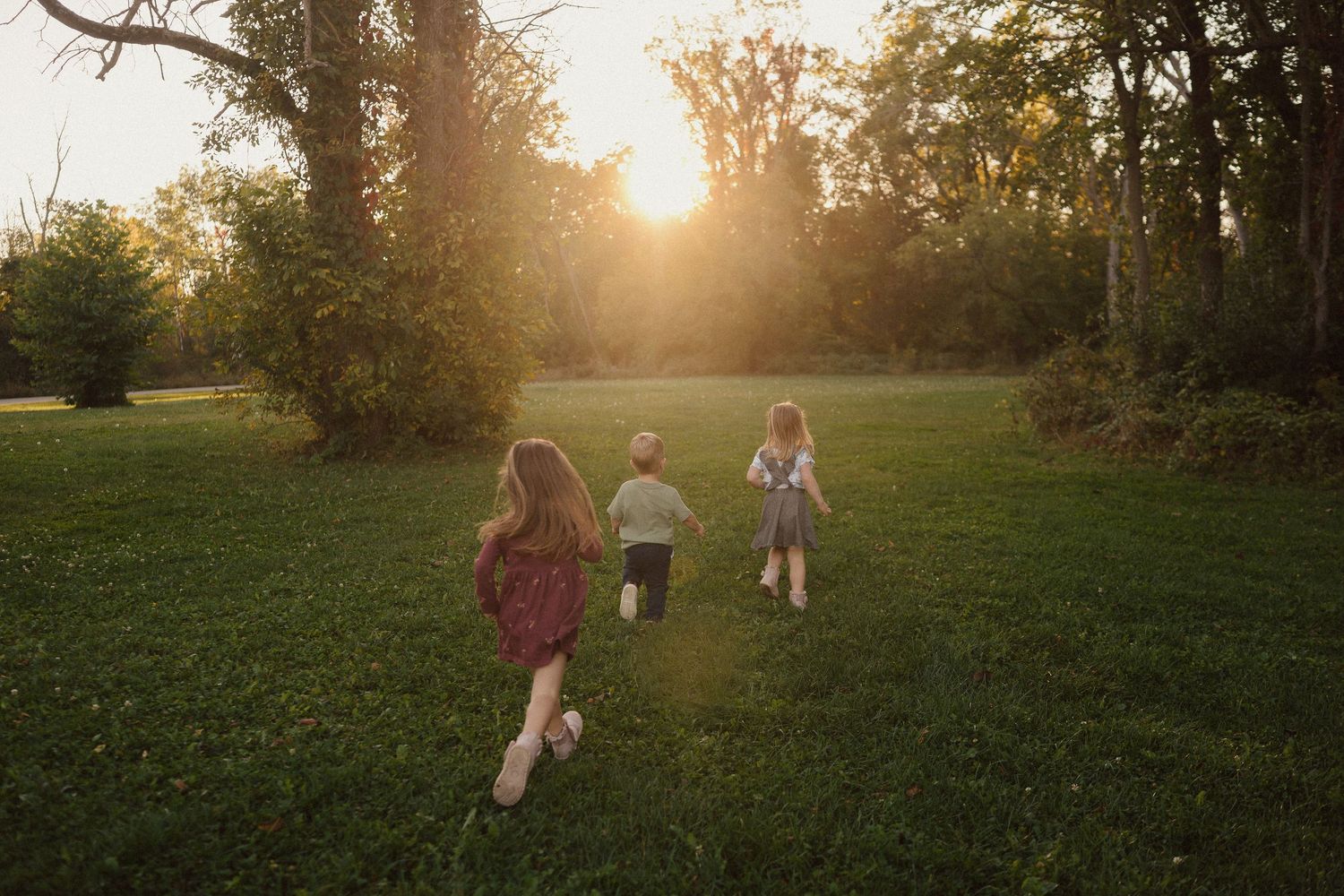 Children playing in a grassy field during golden hour with sunlight streaming through trees.
