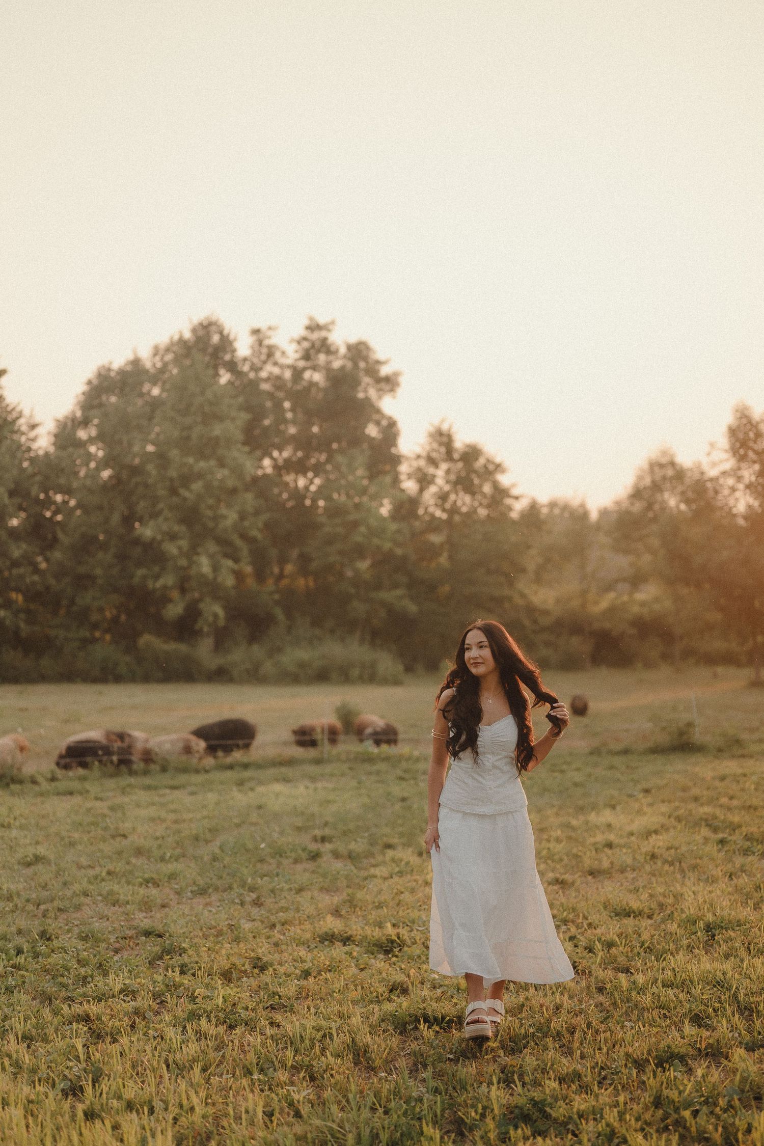 Young woman in a white midi dress standing in a sunlit field at golden hour with grazing animals in the background.