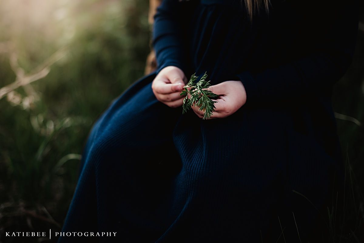 Close up of hands holding small plant against dark blue clothing.