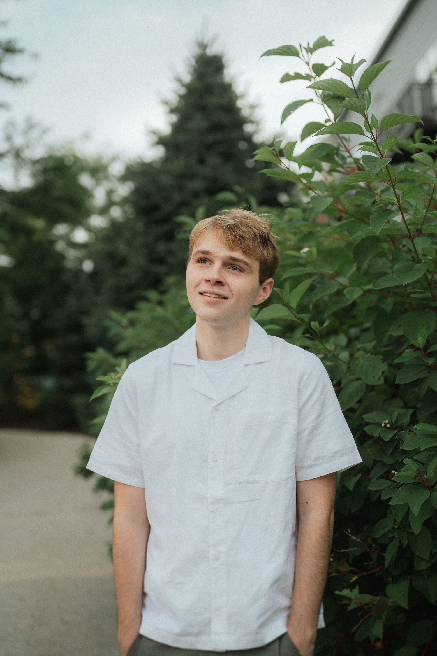 A person in white attire stands near green foliage and evergreen trees.