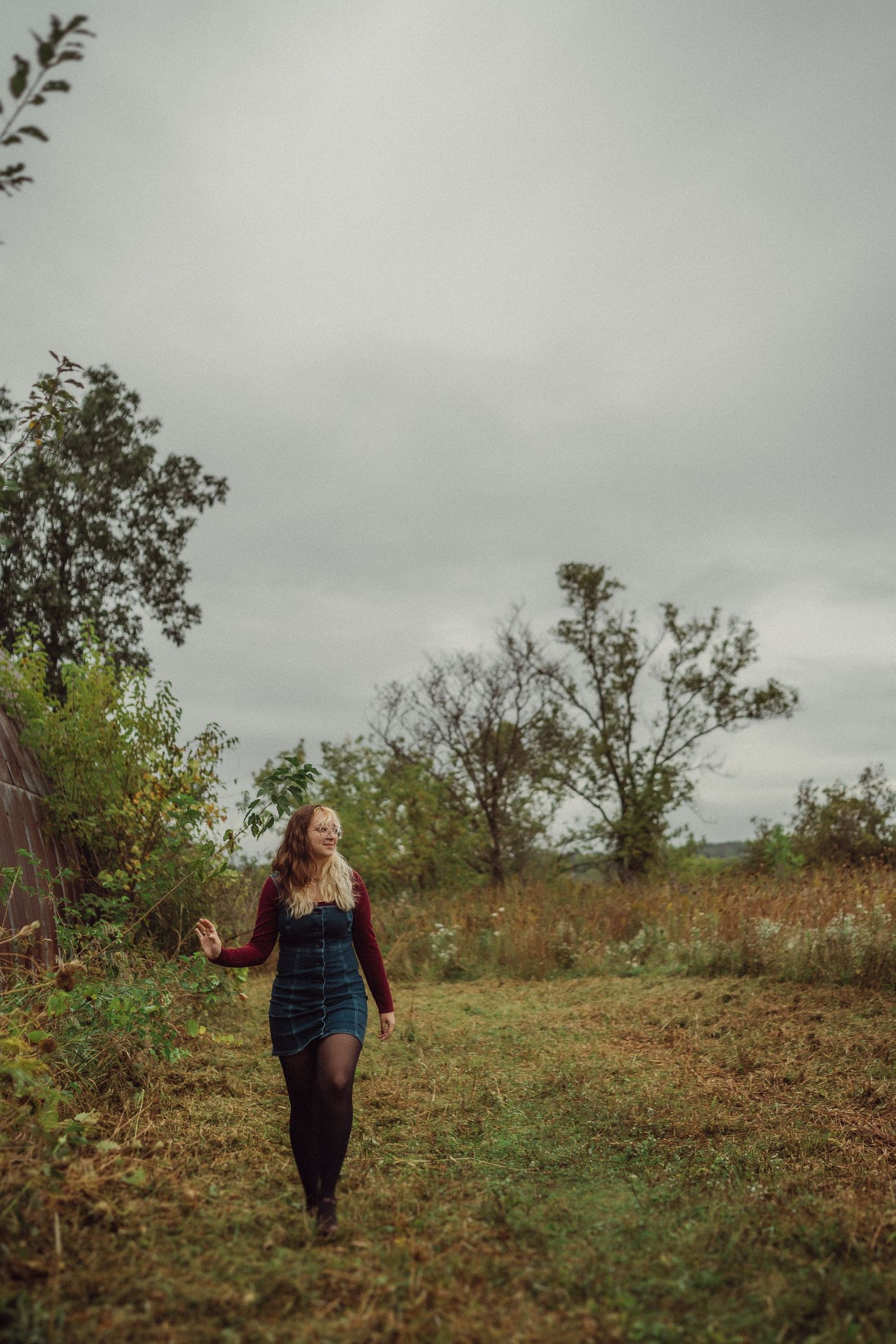 Fall countryside scene with person walking through rustic field on overcast day.