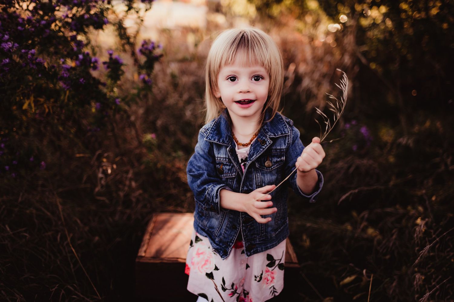 Child in denim jacket holding dried plants while smiling outdoors at sunset.