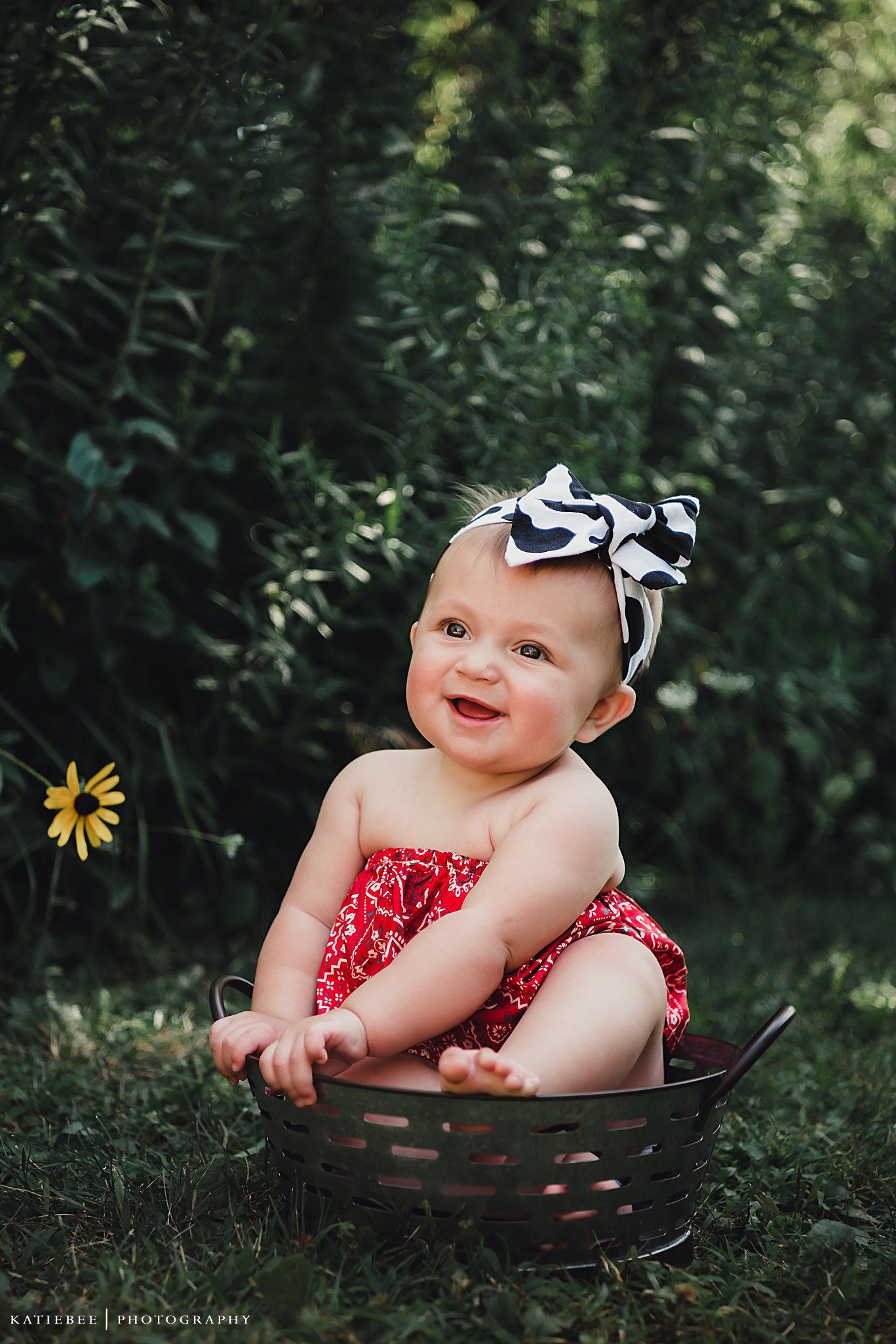 A child wearing a red outfit and black and white bow sits in a dark woven basket against lush greenery.