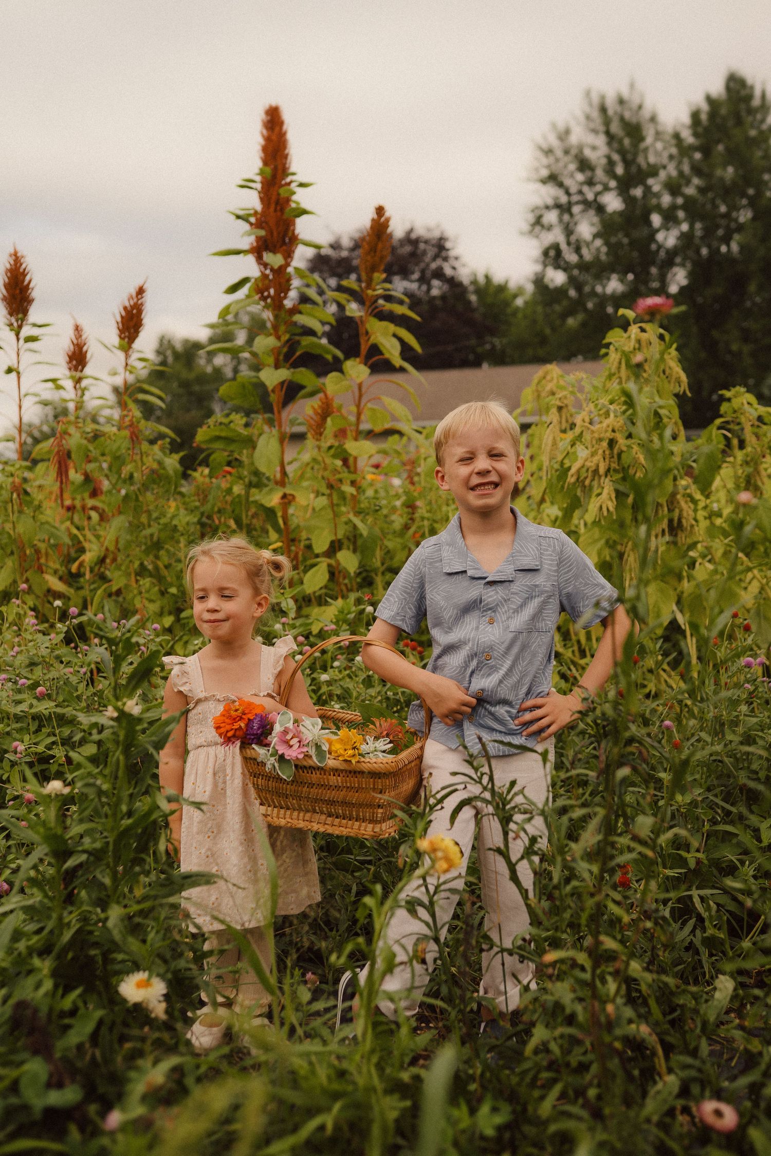 Children gather flowers in a beautiful summer garden filled with blooming plants and natural light.