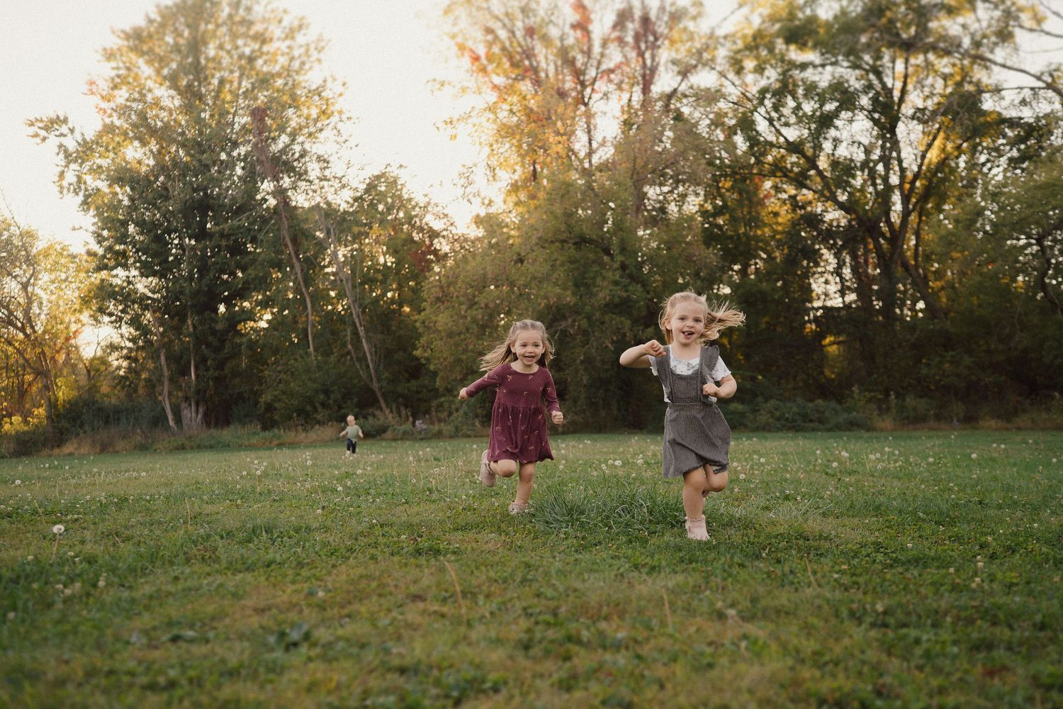 People walking and playing across open grassy field during golden sunset.