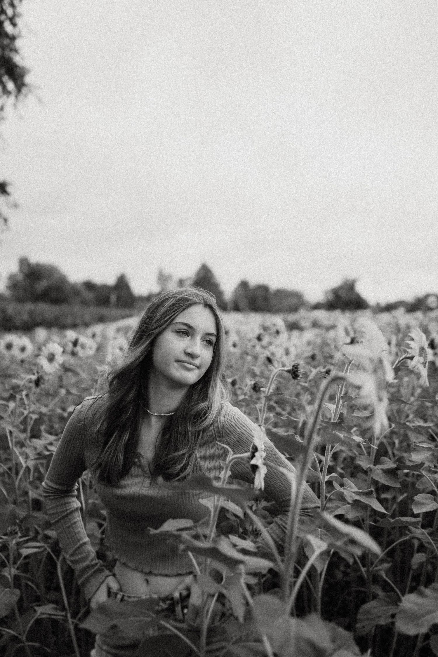 A black and white portrait of someone among tall sunflower stalks on an overcast day.