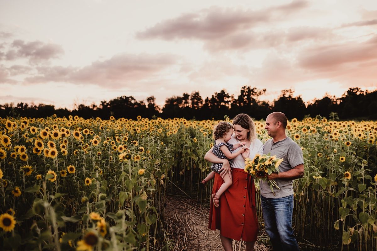 A couple with their child stand in a sunflower field at sunset.