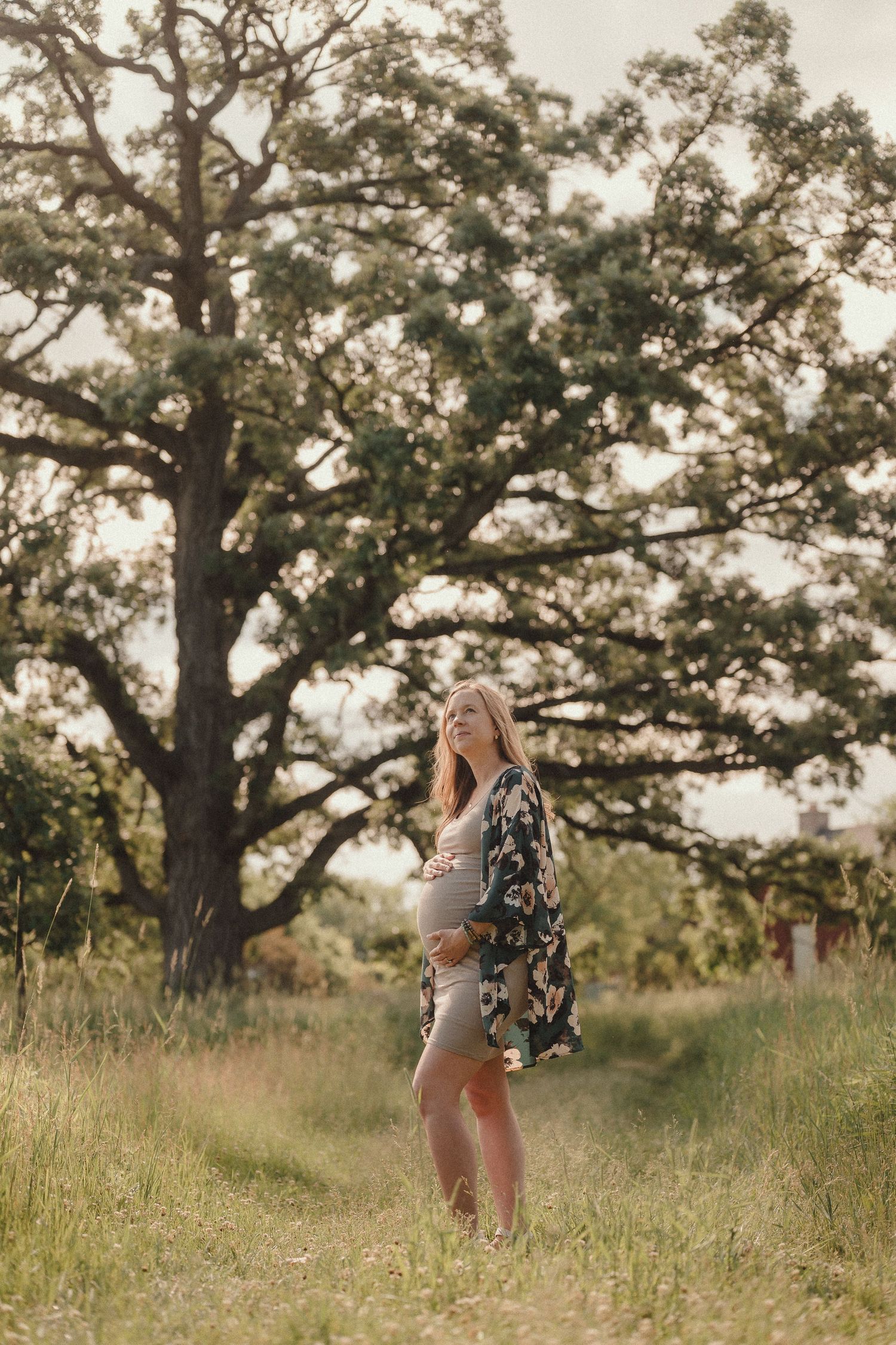 Pregnant woman in floral kimono standing in a grassy field with a large oak tree backdrop.