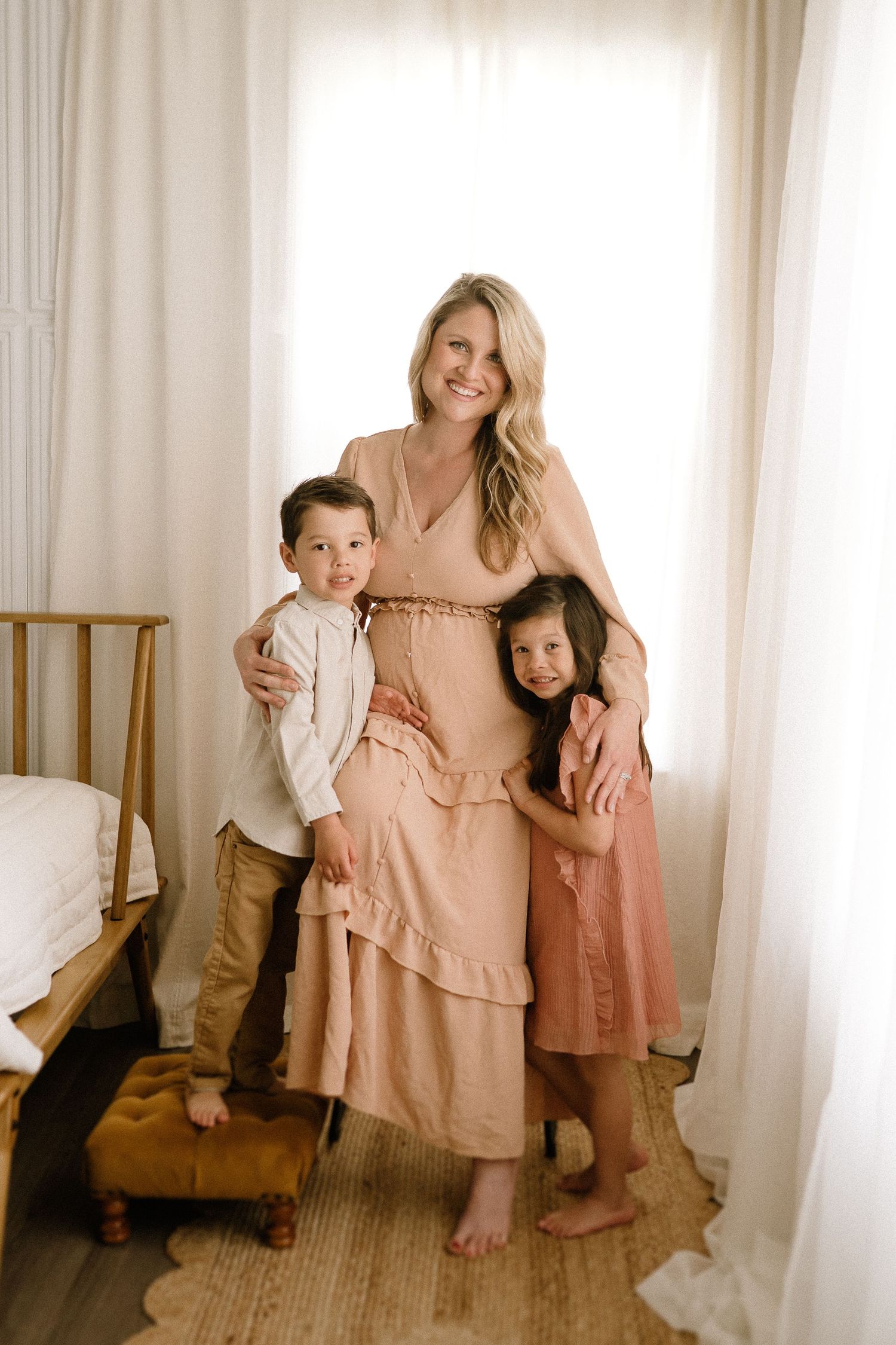 A collection of three candid family photos showing playful moments in a bright interior room with white curtains and wooden floors.