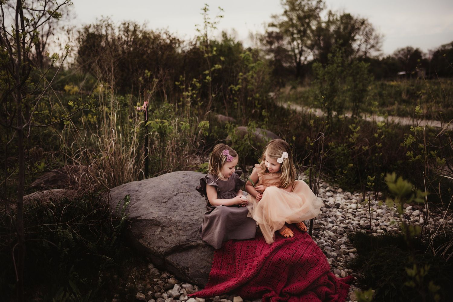 A whimsical outdoor family portrait set on a large rock with a red blanket in a natural setting.