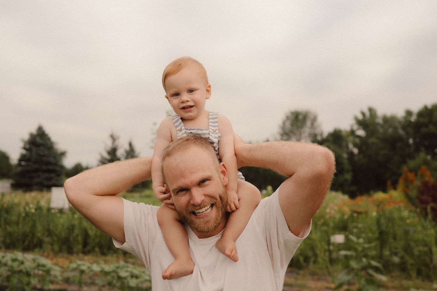 A collection of candid outdoor family moments showing expressions of joy and playfulness in a natural setting.