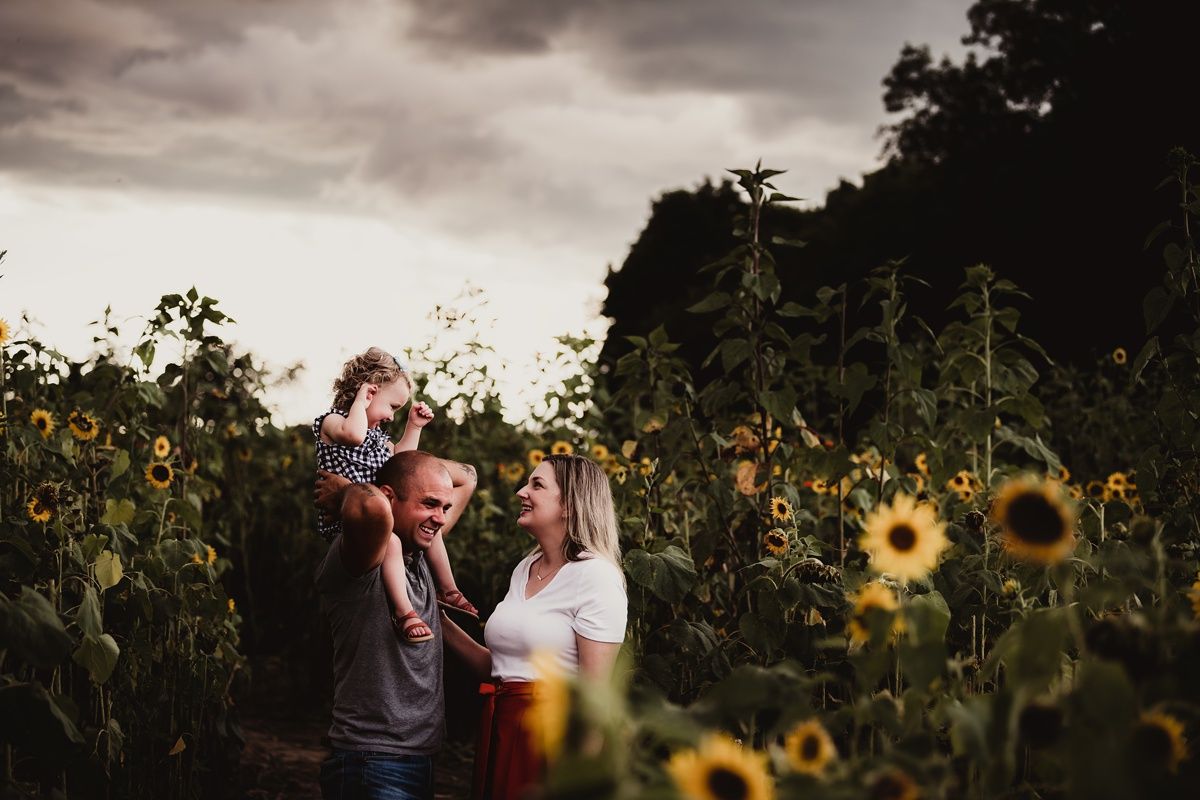 A warm sunset photoshoot in a blooming sunflower field creates a dreamy atmosphere.