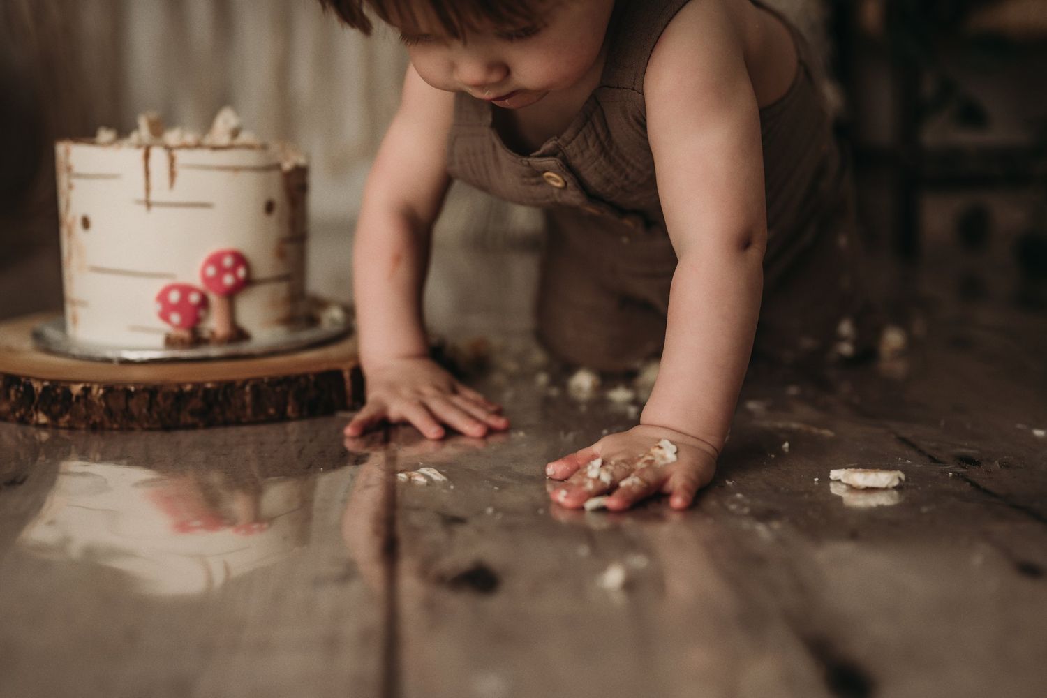 Close-up of hands touching cake crumbs during a woodland-themed cake smash session.