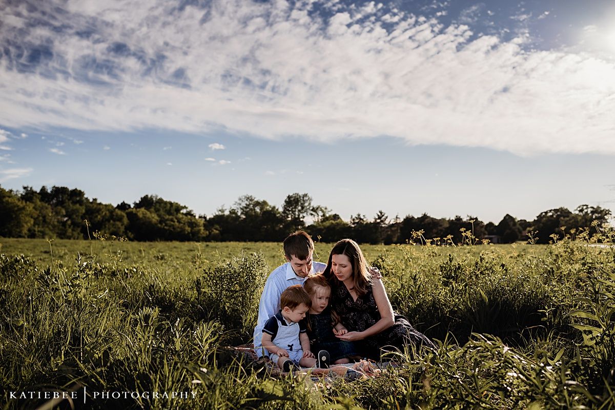 Family sitting together on blanket in golden field under dramatic cloud-filled sky.