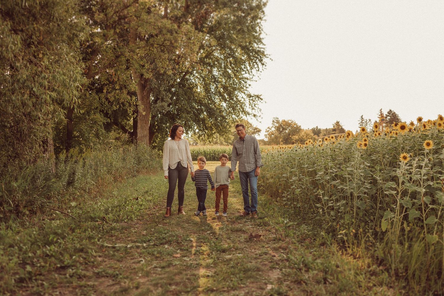 A family enjoying an evening stroll together along a path beside a sunflower field.