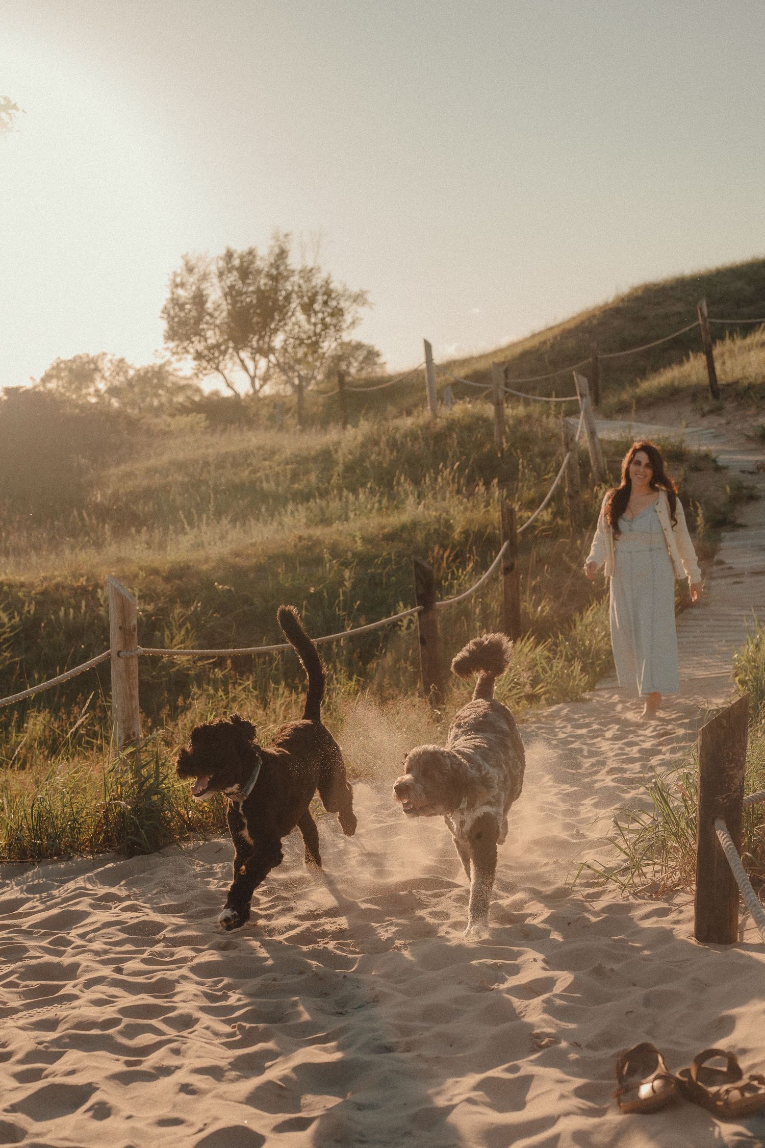 Woman in white dress walks sandy path as two dogs run freely in golden sunset light.