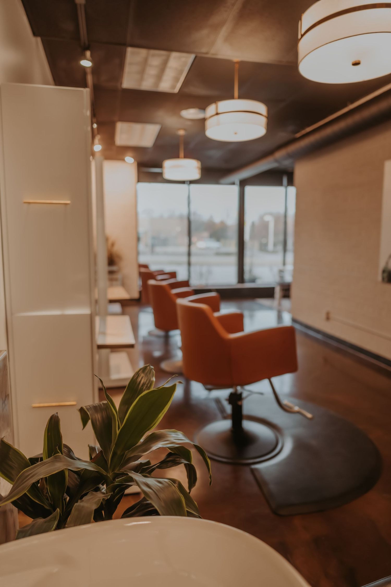 Sleek salon interior featuring orange styling chairs, indoor plants, and large windows providing natural light.