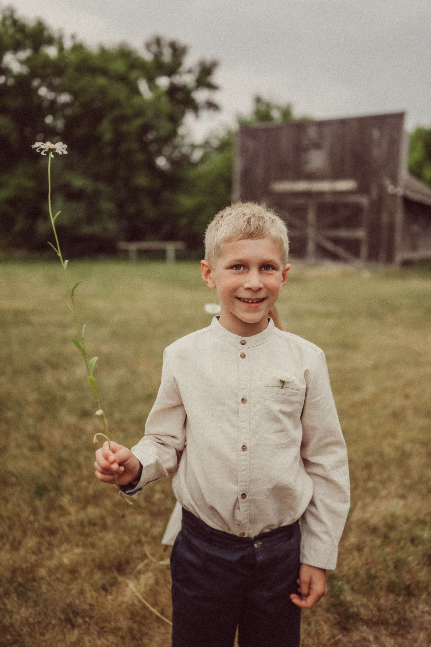 A child in a light colored button-up shirt holds a single wildflower stem in a field.