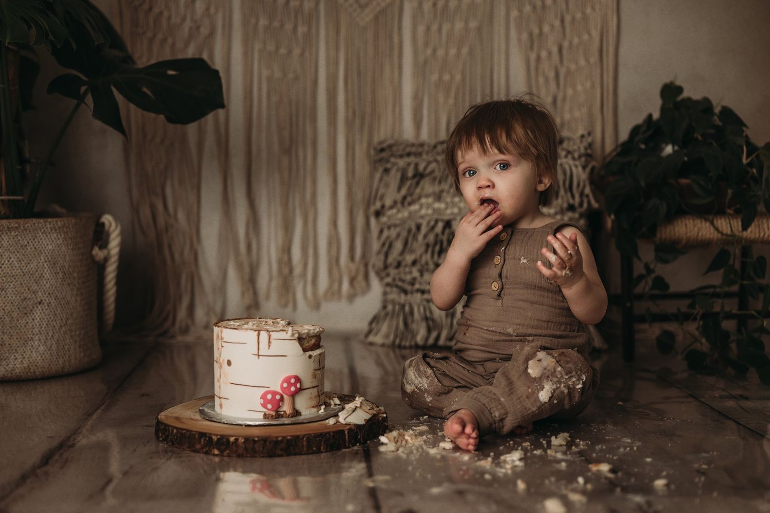 Toddler in brown outfit sitting beside white cake during indoor photoshoot with macrame backdrop.