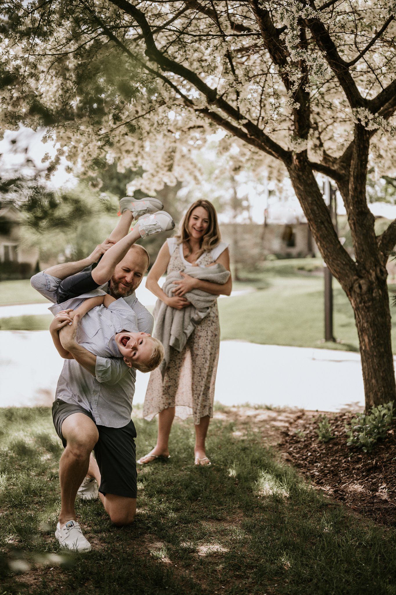 Playful family moment captured under flowering trees in springtime.